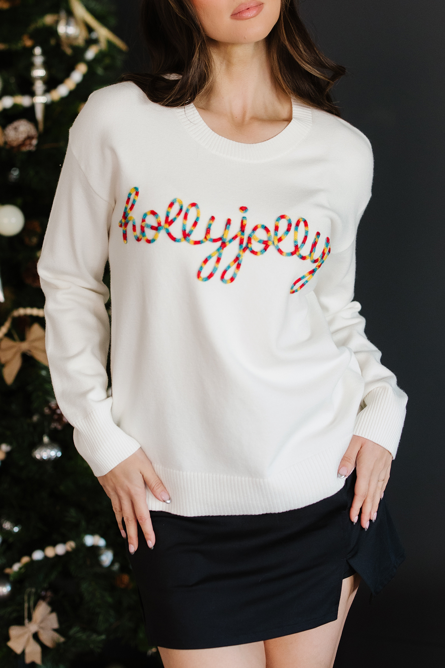 Beige Colorful Holly Jolly Christmas Knit Loose Sweater view 7