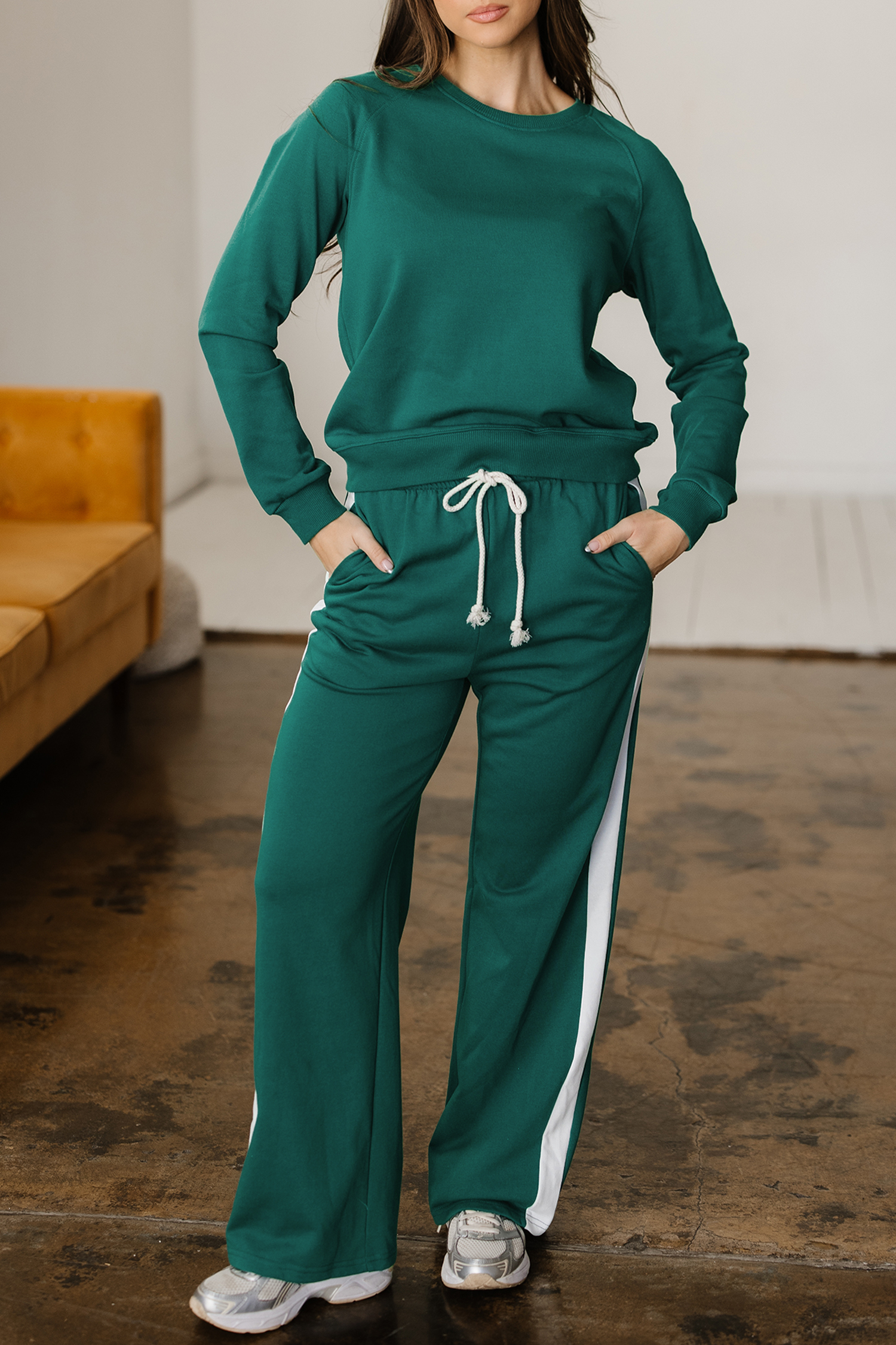 Sea Green Solid Color Pullover Top Varsity Stripe Detail Loose Drawstring Pants Set view 8