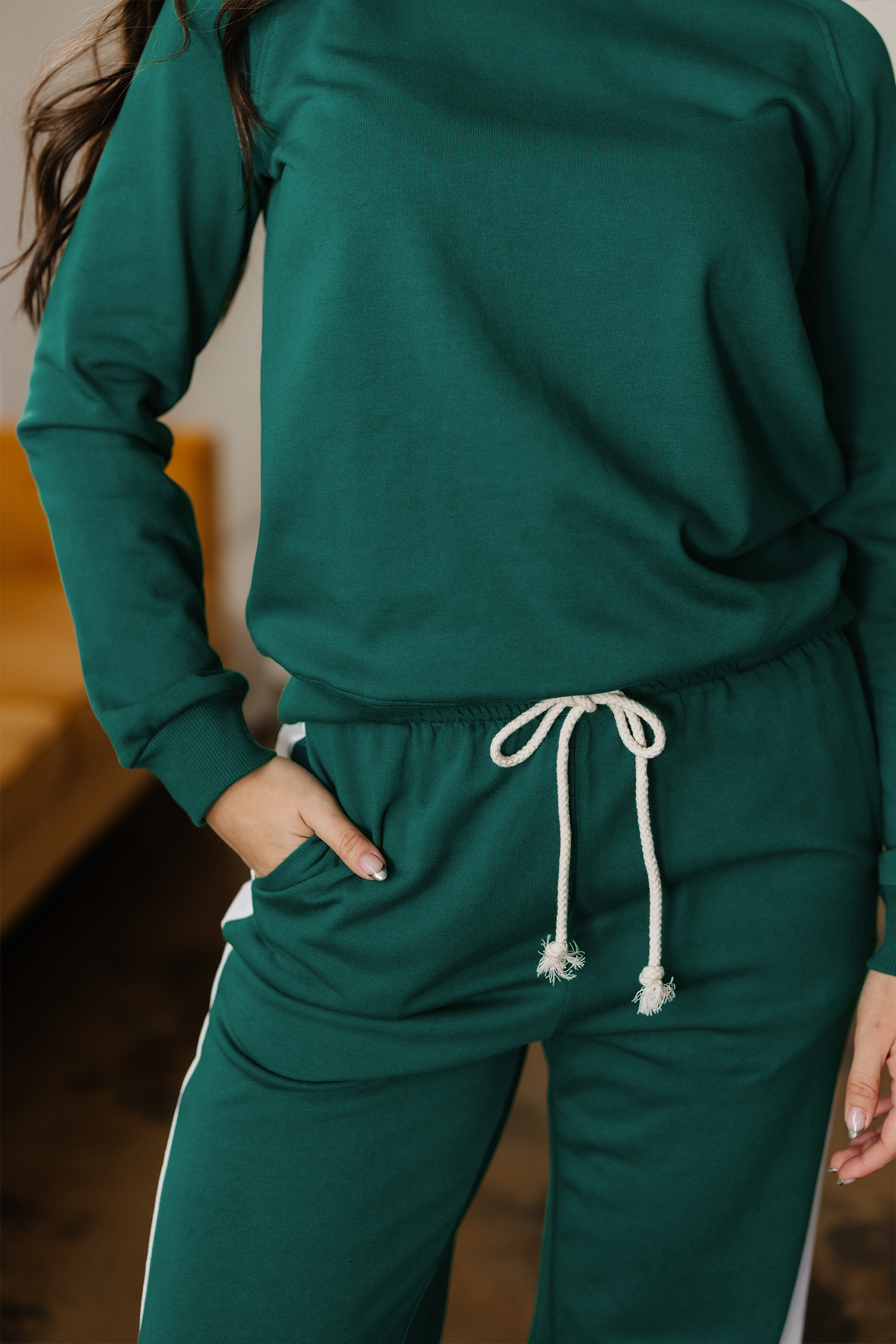 Sea Green Solid Color Pullover Top Varsity Stripe Detail Loose Drawstring Pants Set view 7