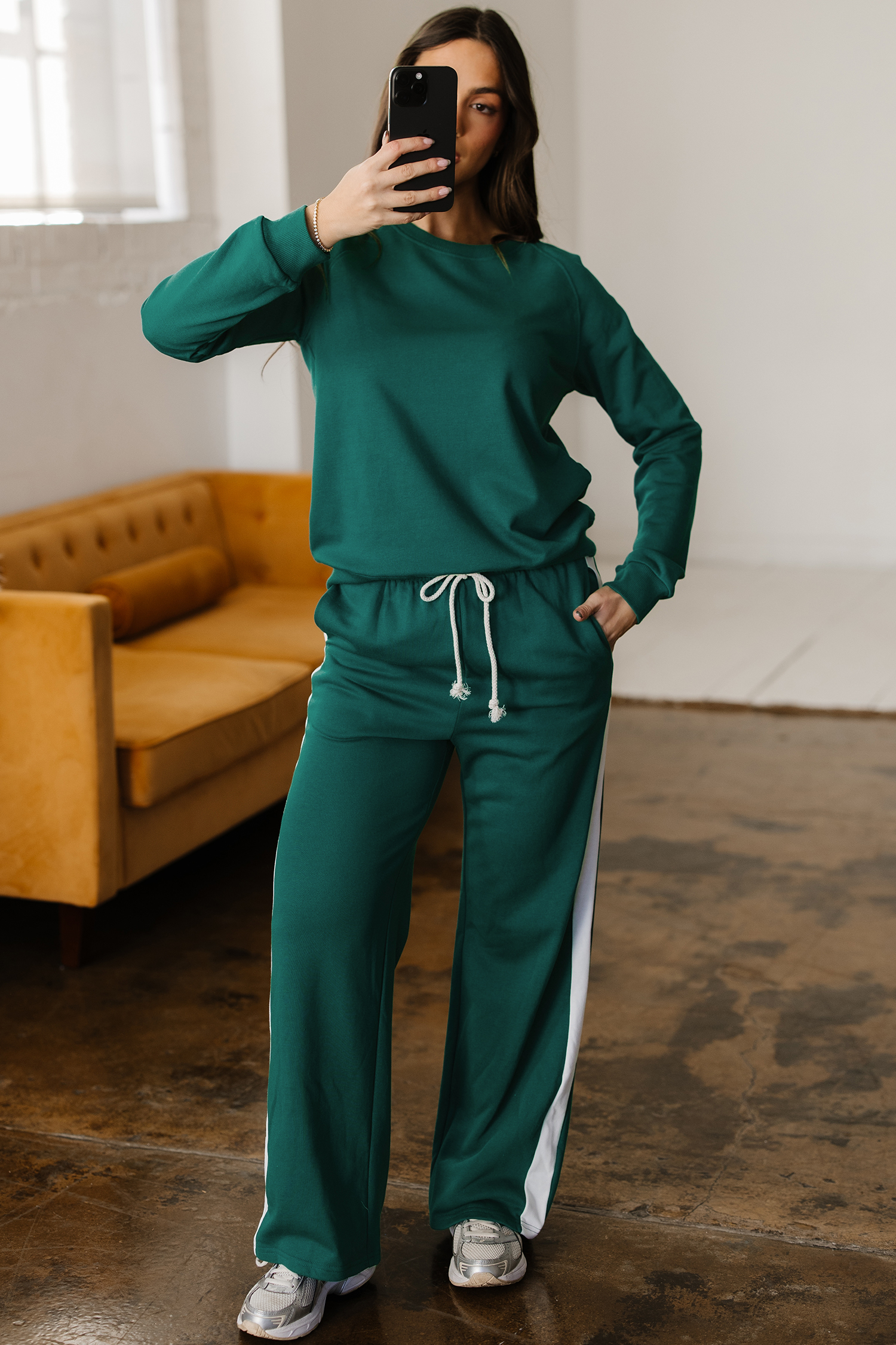Sea Green Solid Color Pullover Top Varsity Stripe Detail Loose Drawstring Pants Set view 6