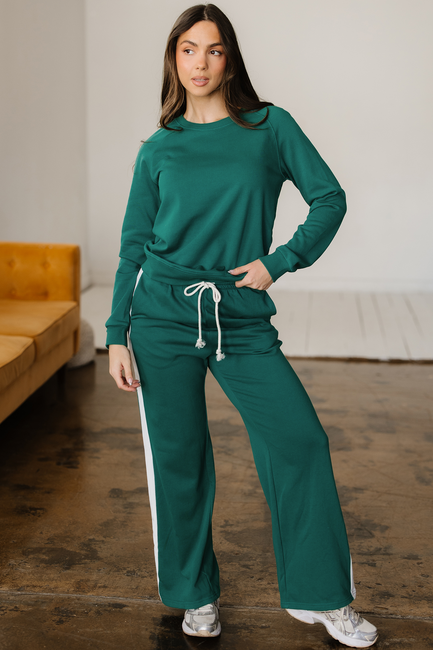 Sea Green Solid Color Pullover Top Varsity Stripe Detail Loose Drawstring Pants Set view 4