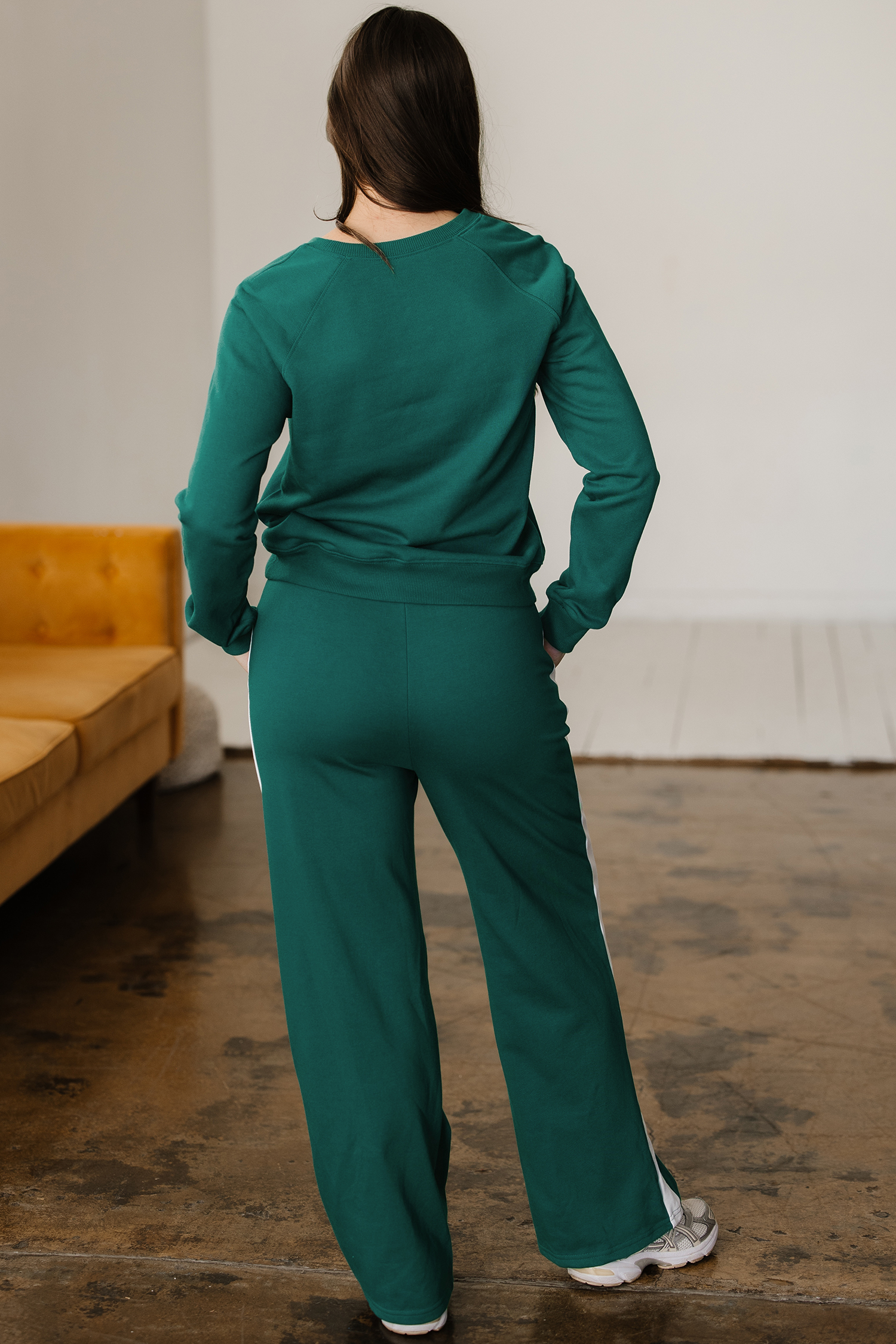 Sea Green Solid Color Pullover Top Varsity Stripe Detail Loose Drawstring Pants Set view 2