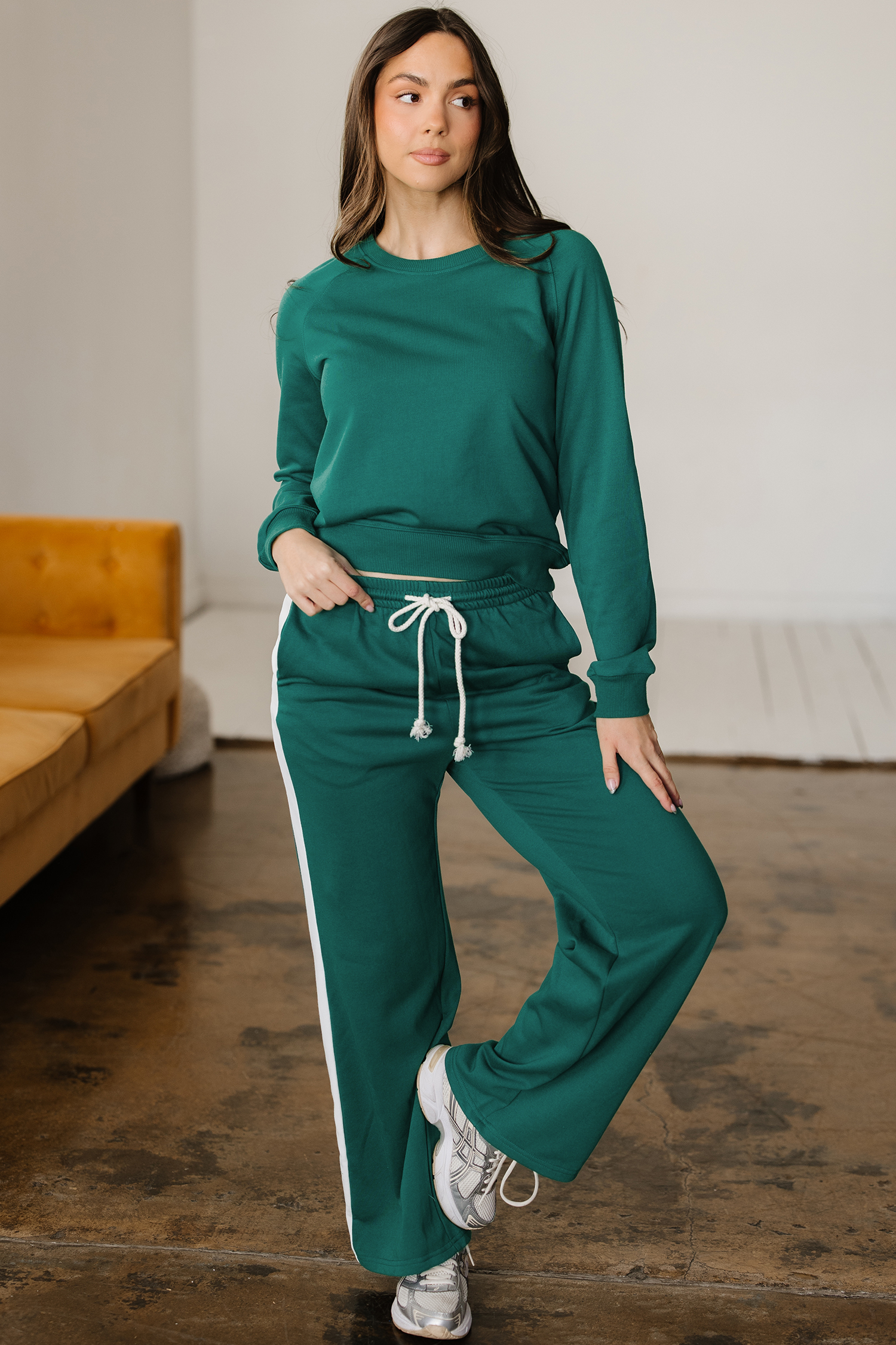 Sea Green Solid Color Pullover Top Varsity Stripe Detail Loose Drawstring Pants Set view 5