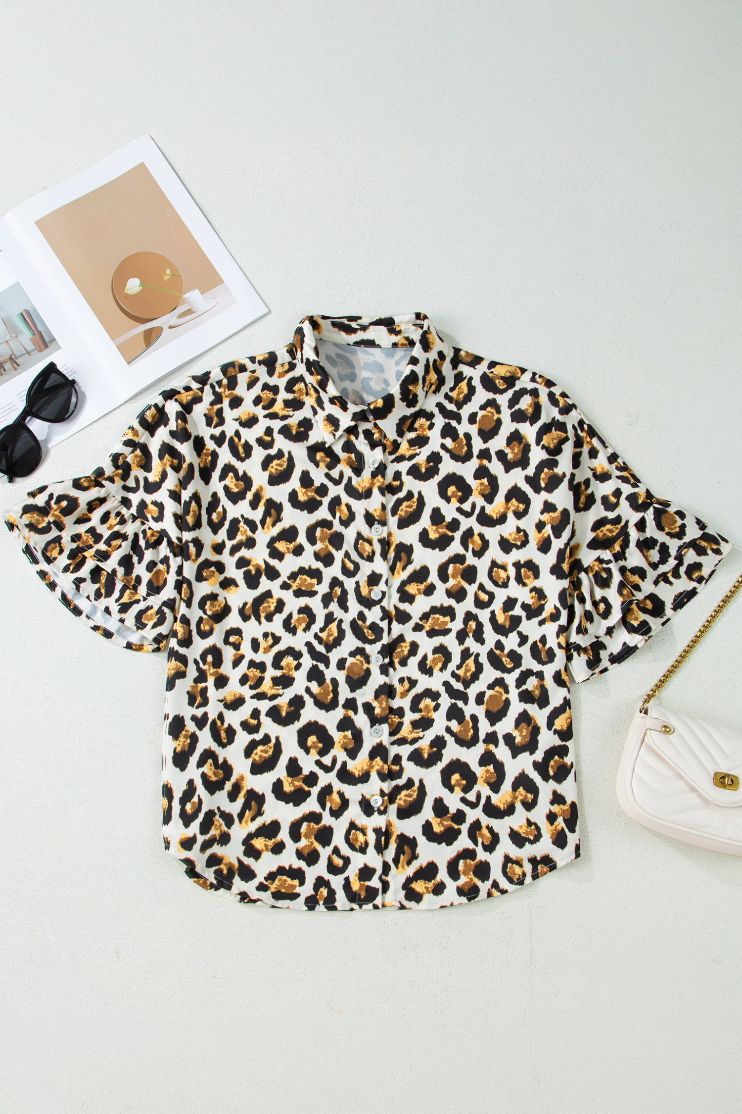 Khaki Leopard Print Ruffle Trim 3/4 Sleeve Loose Shirt view 13
