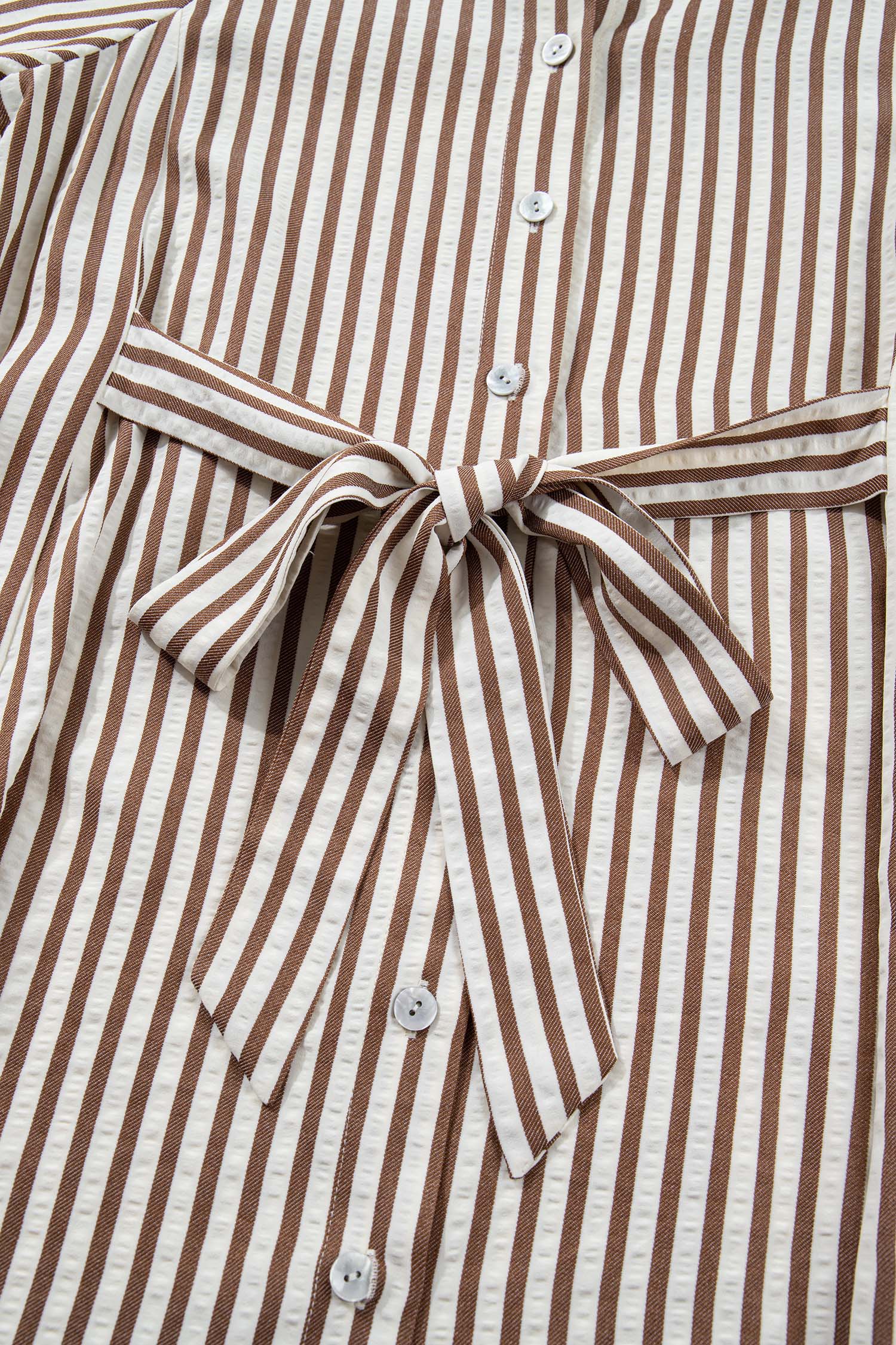 Brown Stripe Knot Waist Puff Sleeve Button Down Mini Shirt Dress view 18