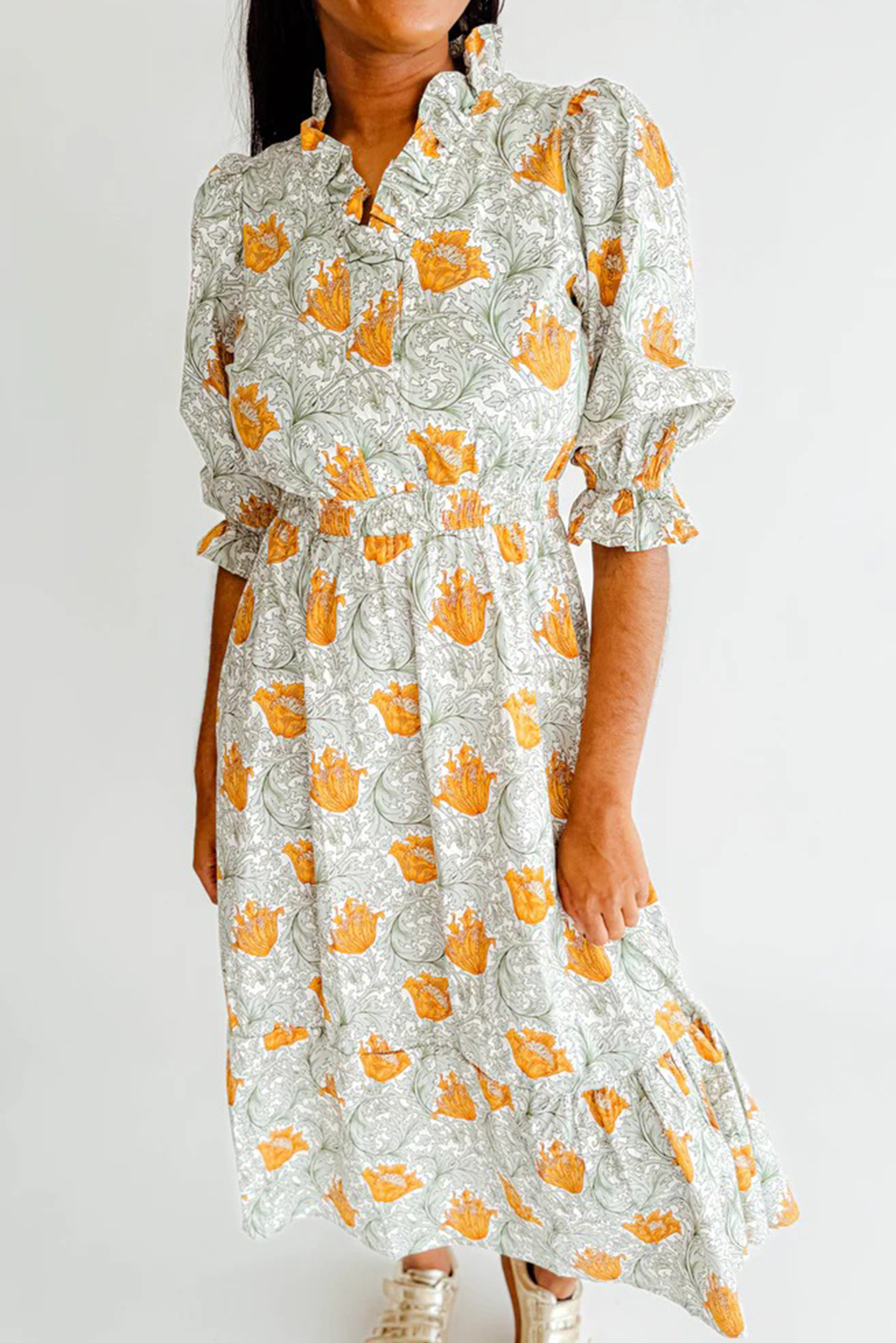 Brown Floral Printed Frilled V Neck Bracelet Sleeve Long Dress view 9