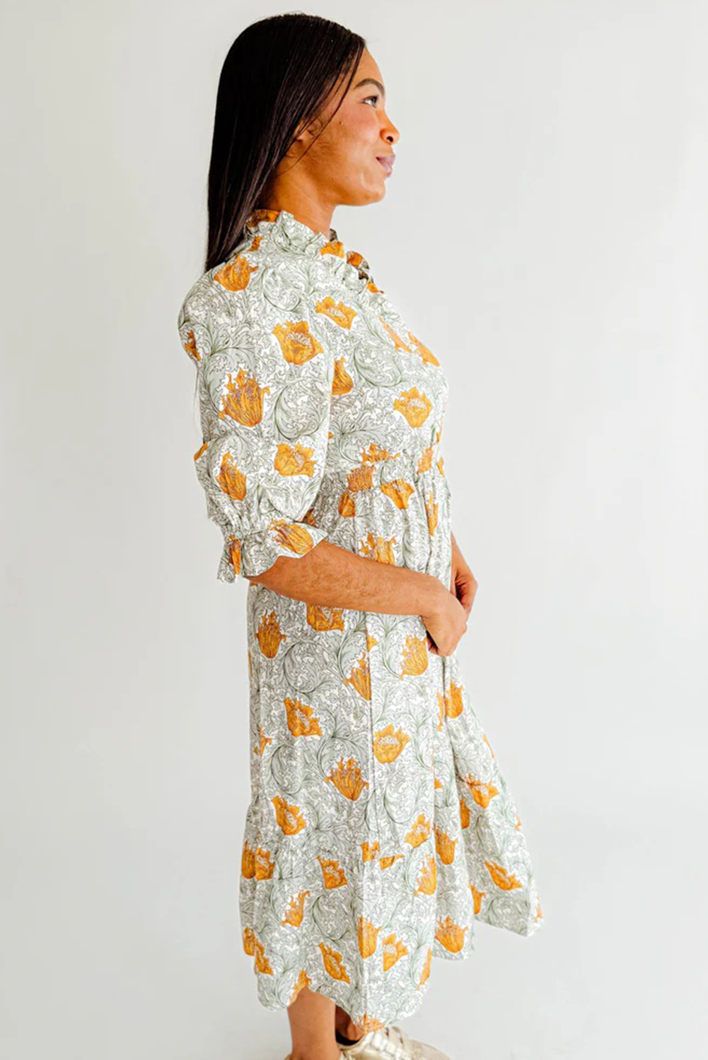 Brown Floral Printed Frilled V Neck Bracelet Sleeve Long Dress view 14