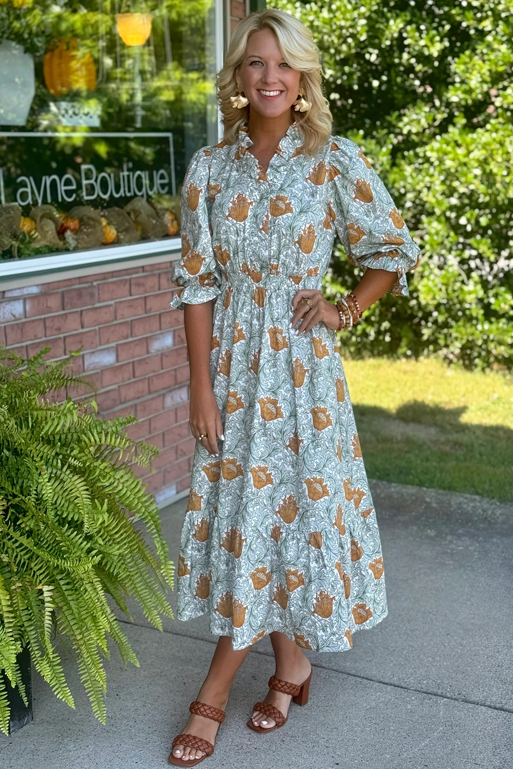 Brown Floral Printed Frilled V Neck Bracelet Sleeve Long Dress view 8