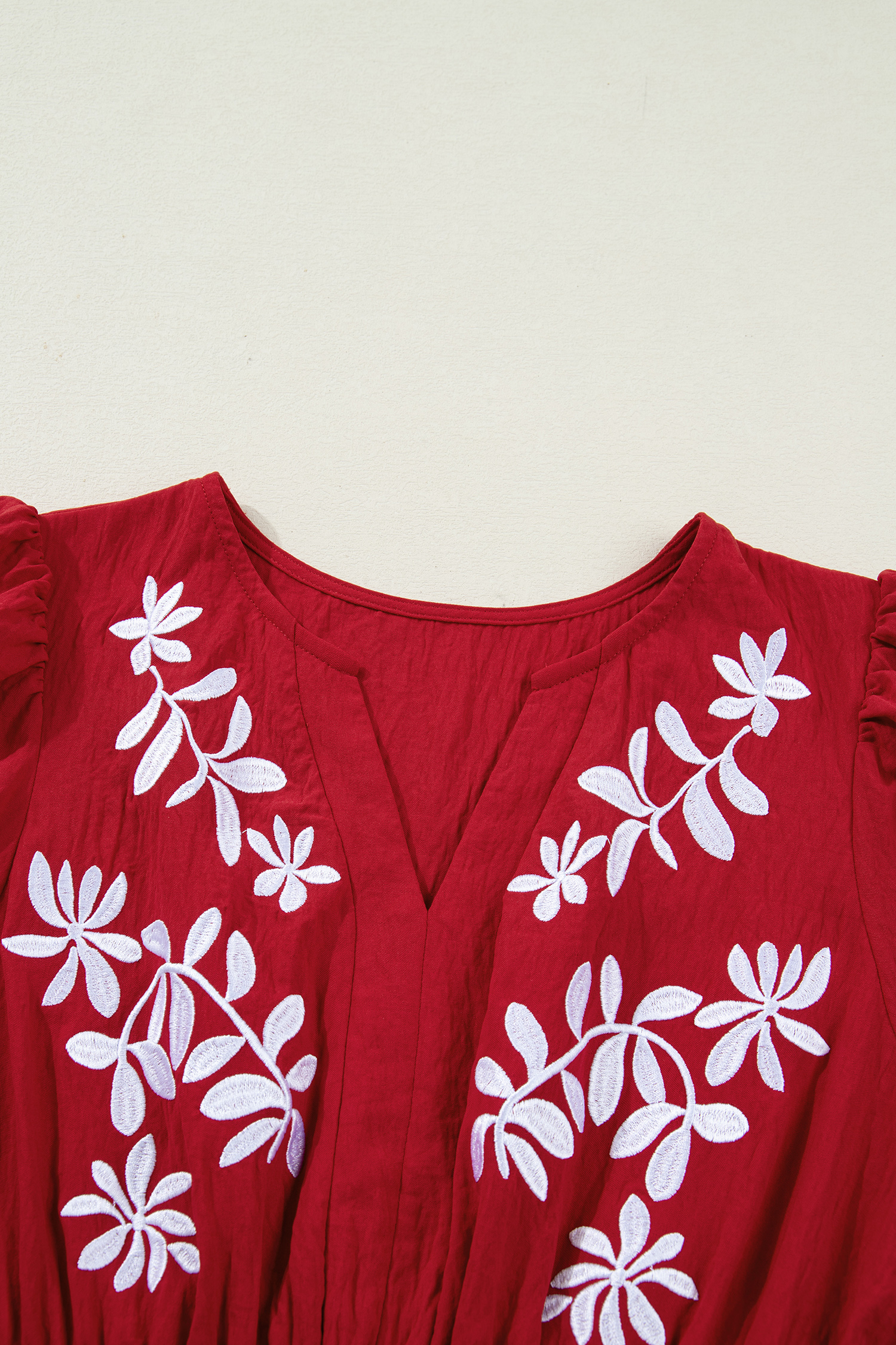 Racing Red Contrast Embroidered Detail Cinched Waist Tiered Long Sleeve Maxi Dress view 13