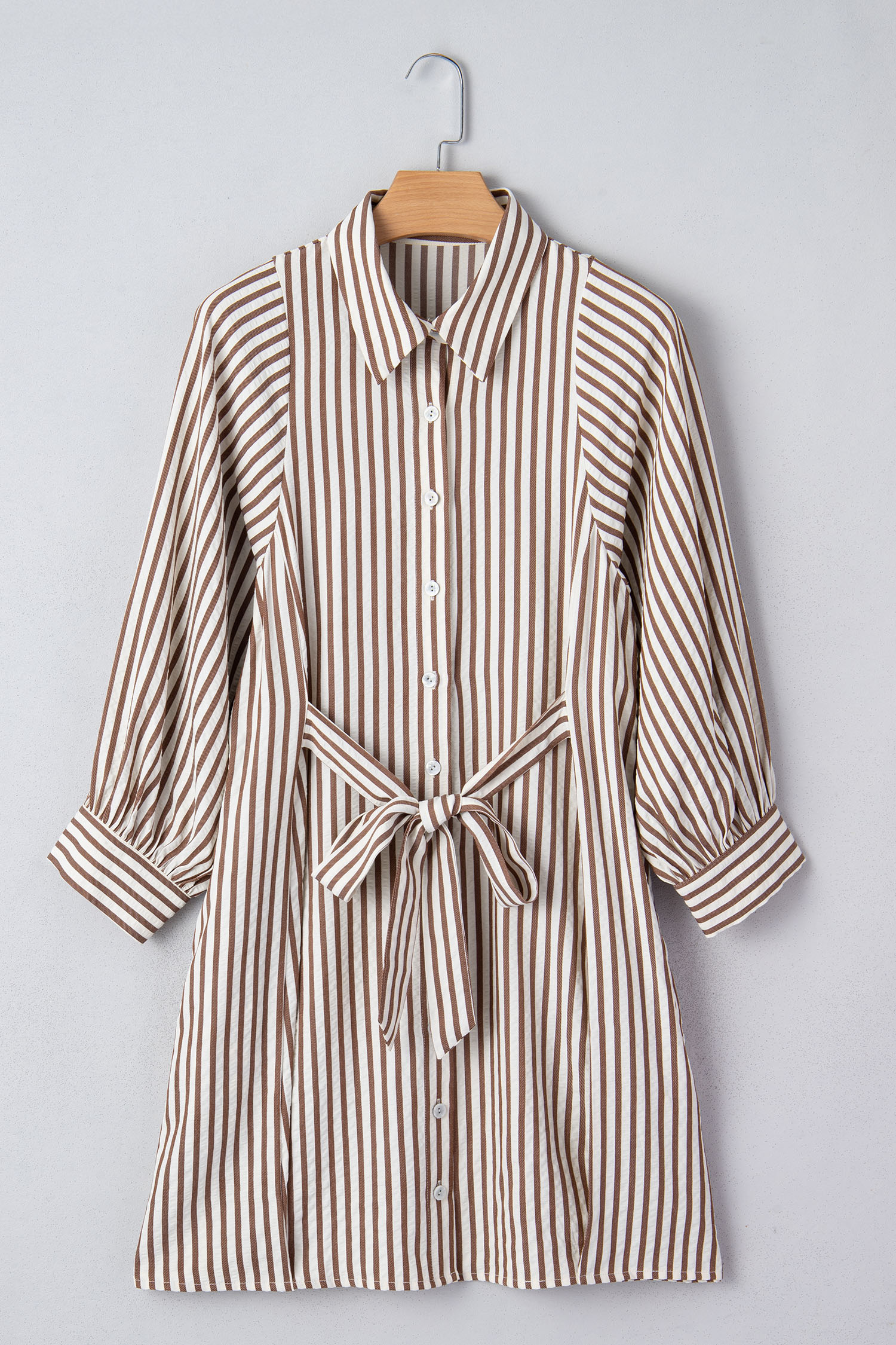 Brown Stripe Knot Waist Puff Sleeve Button Down Mini Shirt Dress view 14