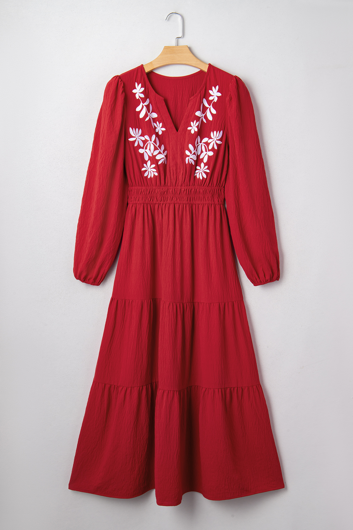 Racing Red Contrast Embroidered Detail Cinched Waist Tiered Long Sleeve Maxi Dress view 11