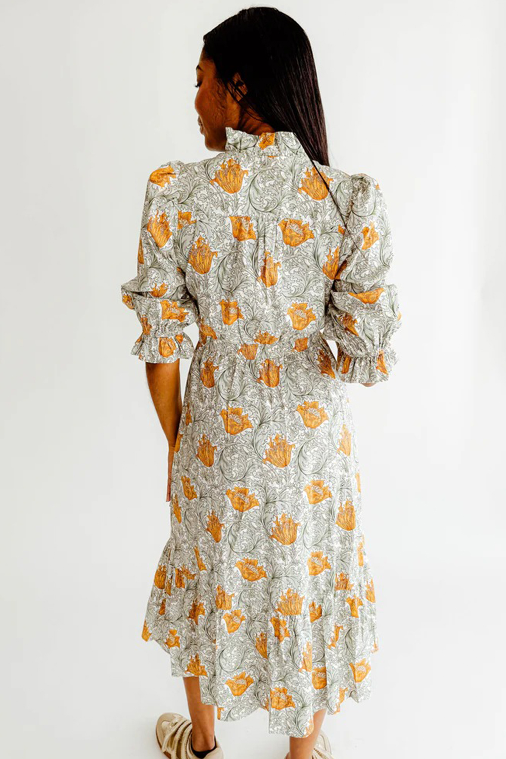 Brown Floral Printed Frilled V Neck Bracelet Sleeve Long Dress view 11