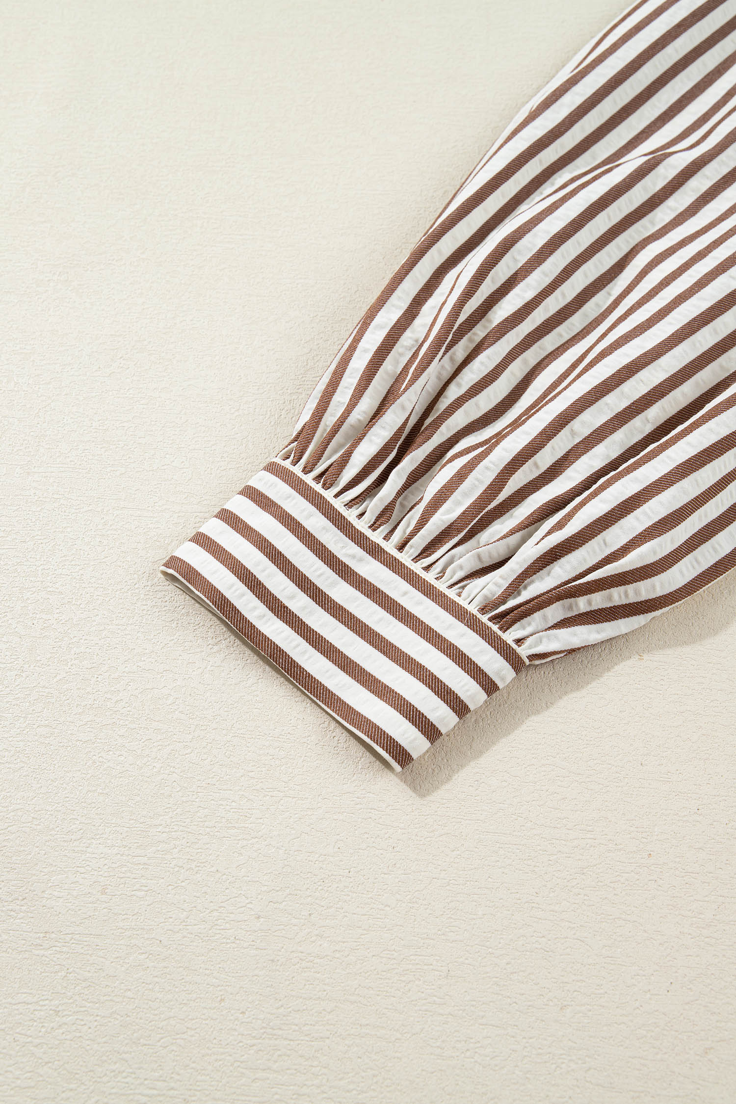 Brown Stripe Knot Waist Puff Sleeve Button Down Mini Shirt Dress view 20