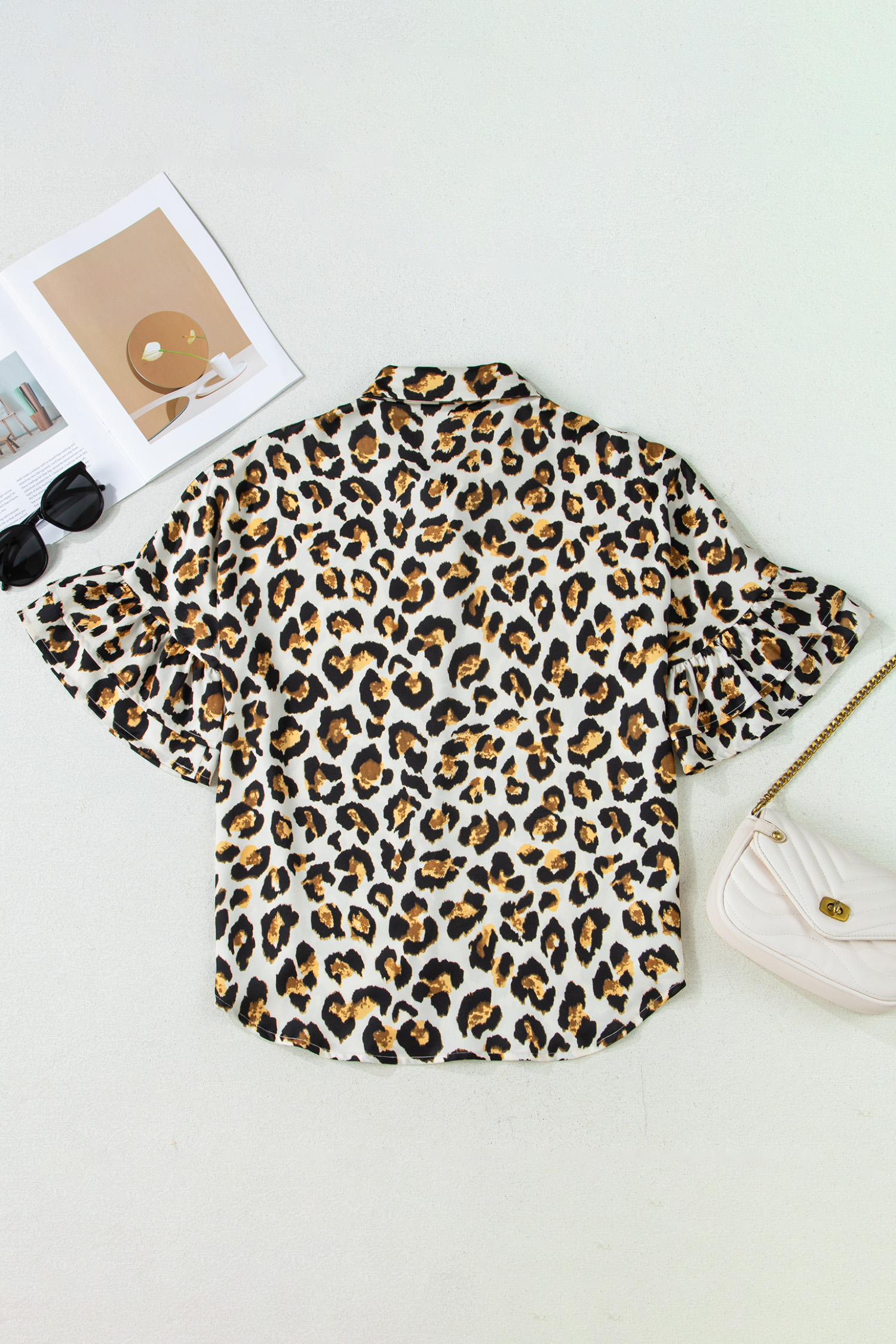 Khaki Leopard Print Ruffle Trim 3/4 Sleeve Loose Shirt view 14