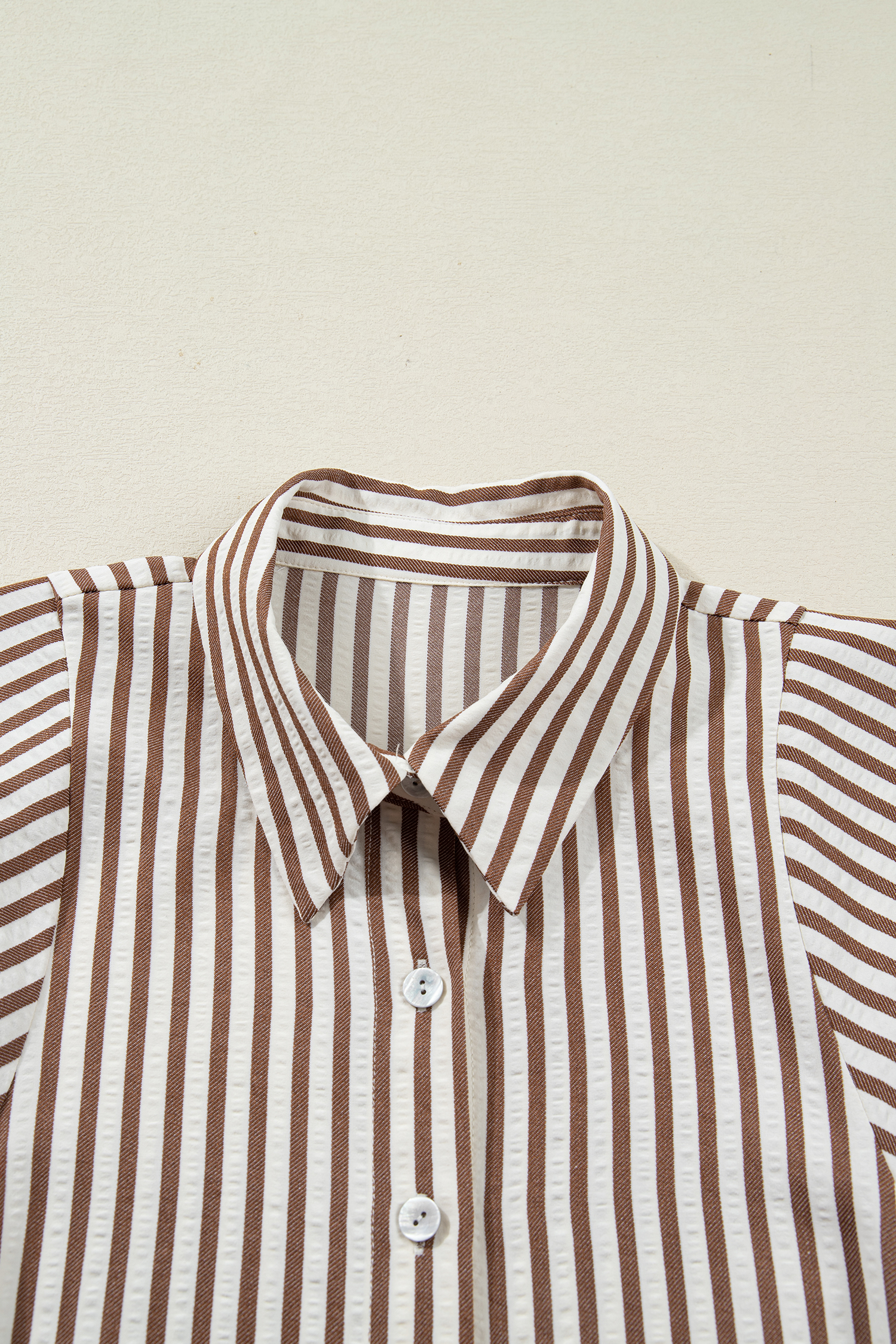 Brown Stripe Knot Waist Puff Sleeve Button Down Mini Shirt Dress view 16