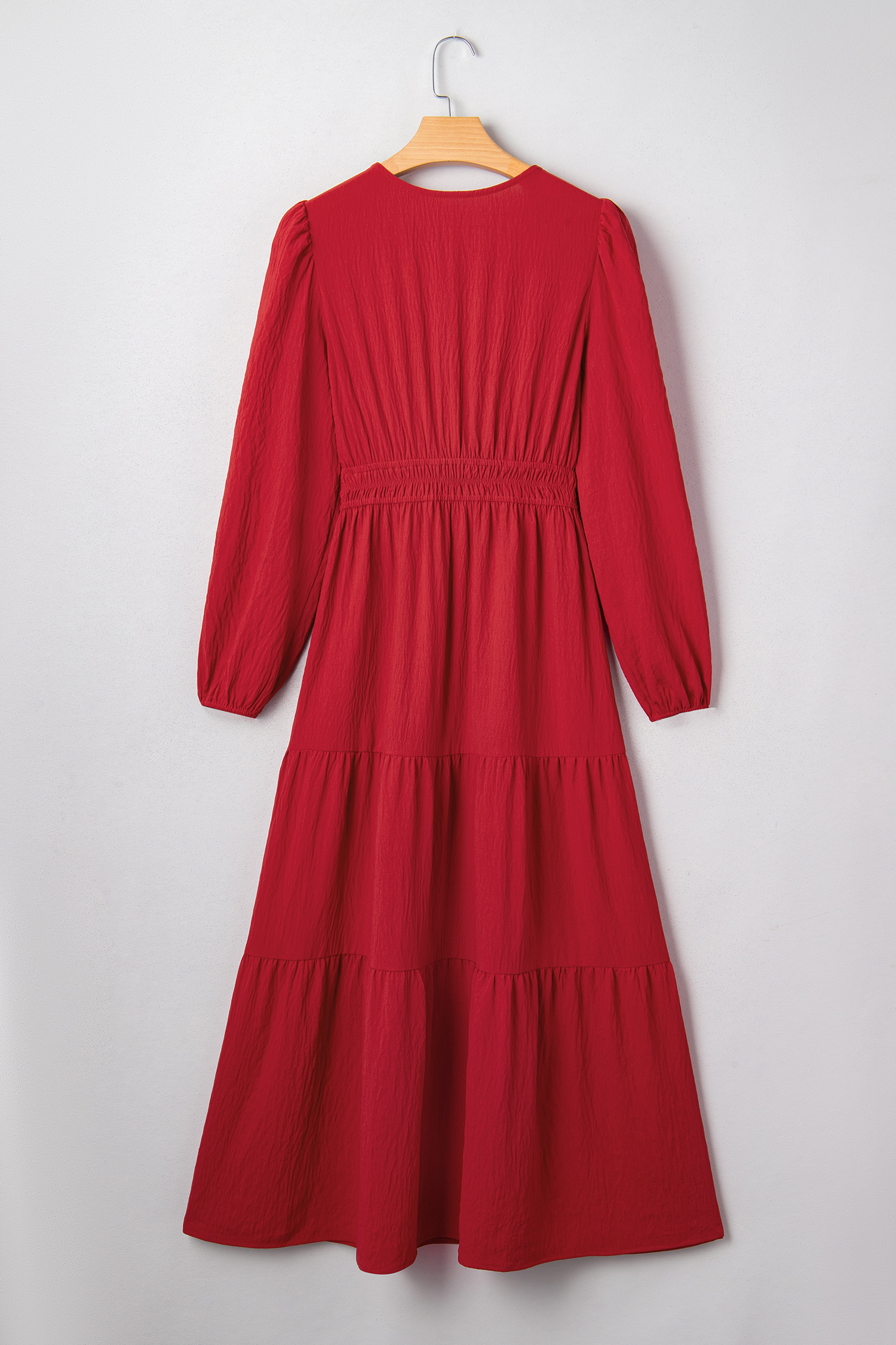 Racing Red Contrast Embroidered Detail Cinched Waist Tiered Long Sleeve Maxi Dress view 12