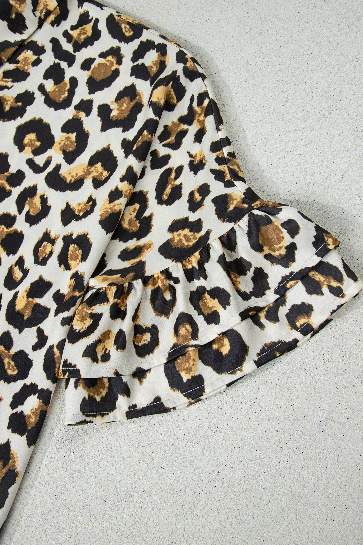 Khaki Leopard Print Ruffle Trim 3/4 Sleeve Loose Shirt view 18