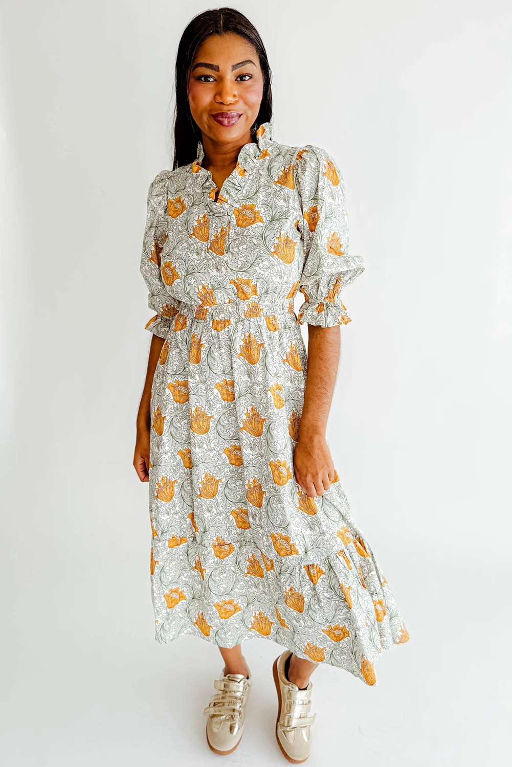 Brown Floral Printed Frilled V Neck Bracelet Sleeve Long Dress view 15