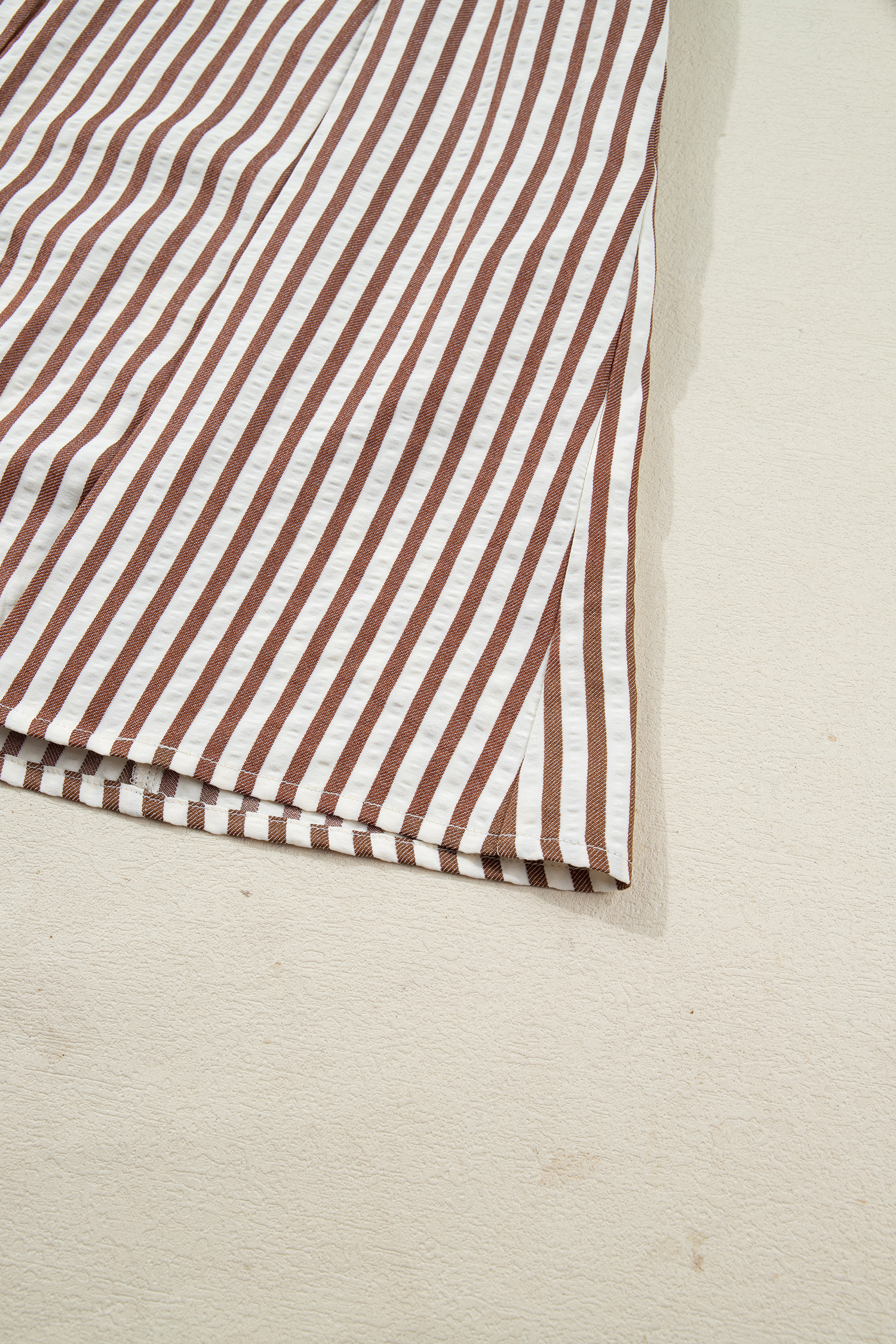 Brown Stripe Knot Waist Puff Sleeve Button Down Mini Shirt Dress view 19