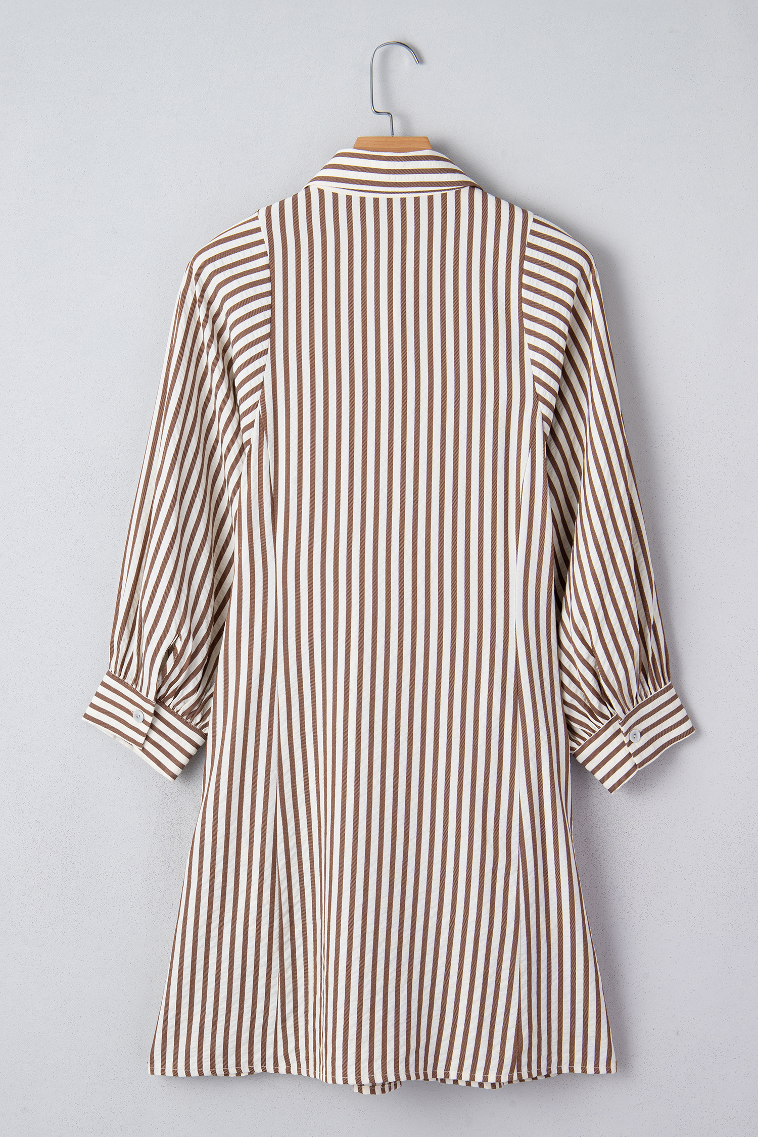 Brown Stripe Knot Waist Puff Sleeve Button Down Mini Shirt Dress view 15