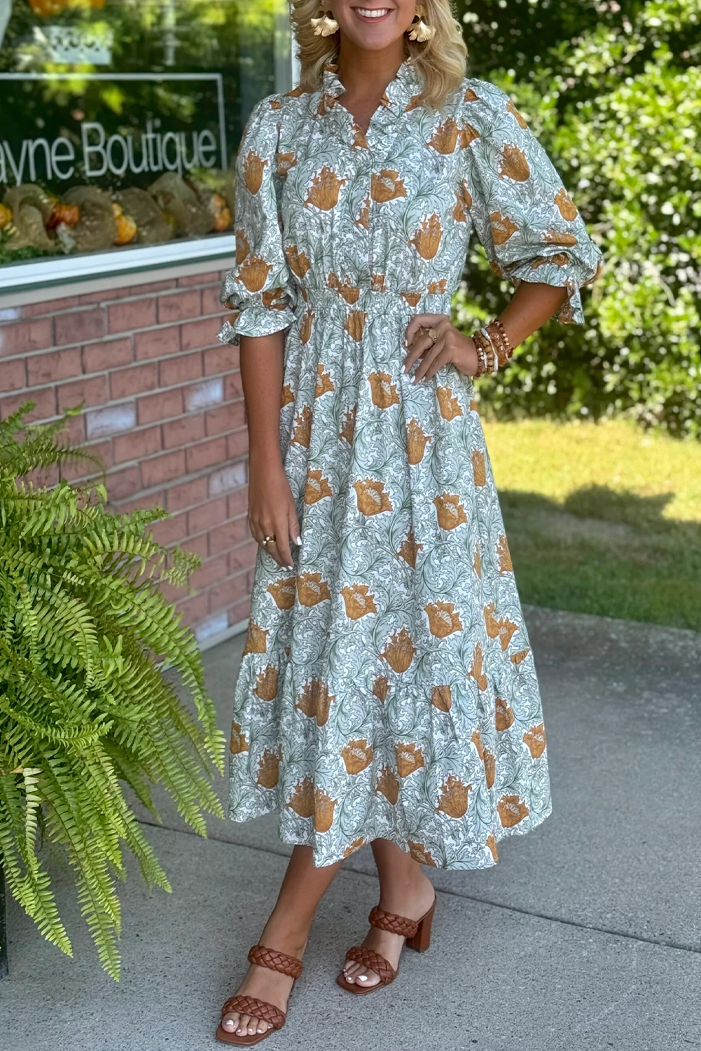 Brown Floral Printed Frilled V Neck Bracelet Sleeve Long Dress view 2