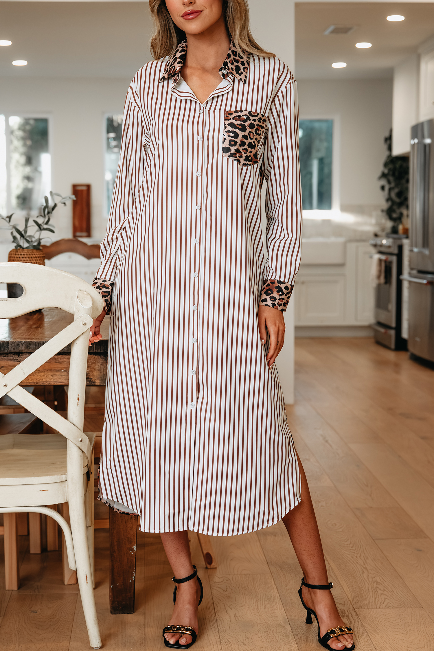 Brown Stripe Contrast Leopard Patchwork Long Shirt Dress with Slits view 6