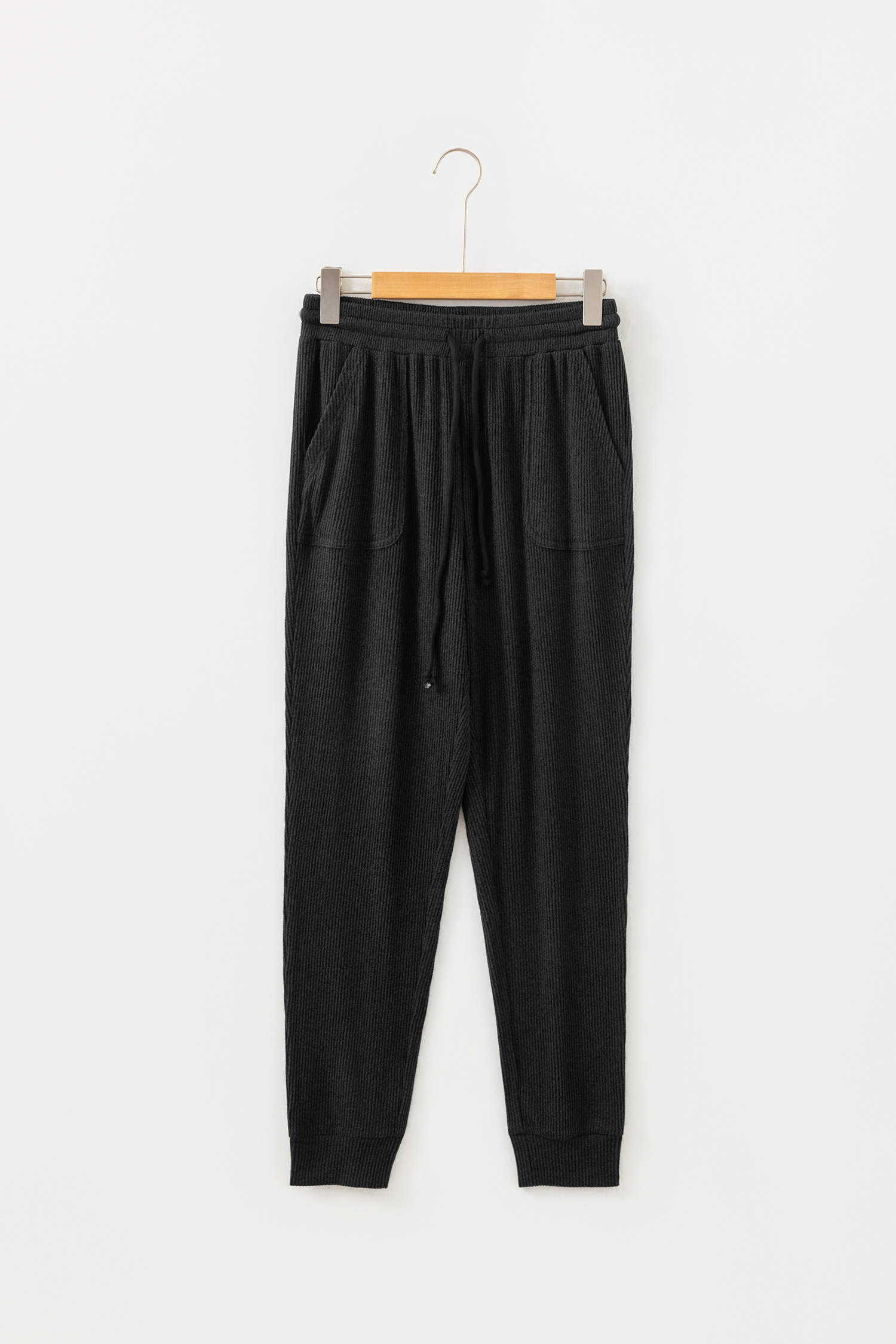 Black Ribbed Drawstring Active Jogger Pants view 6