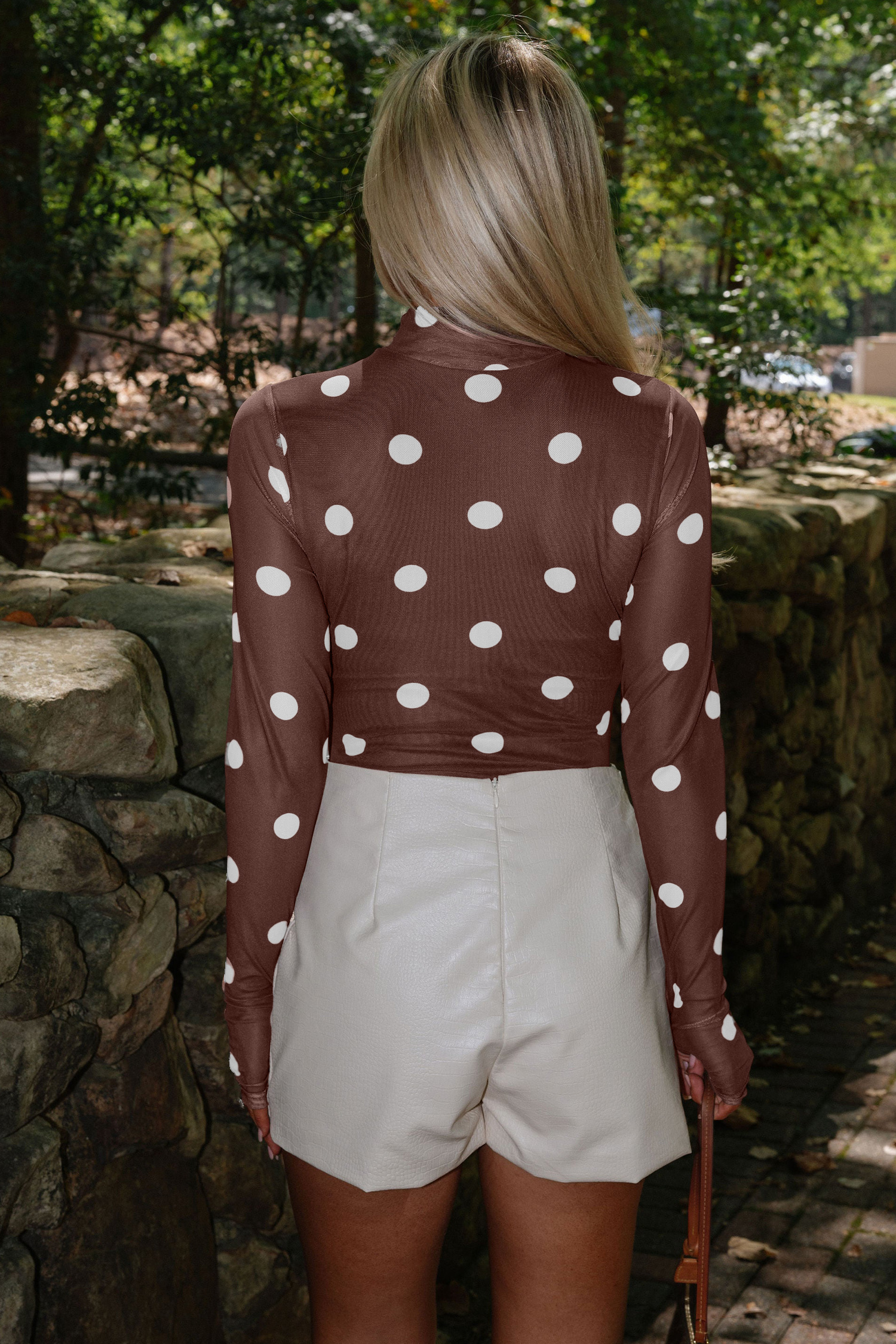 Brown Vintage Polka Dot Print Mesh Long Sleeve Bodysuit view 9