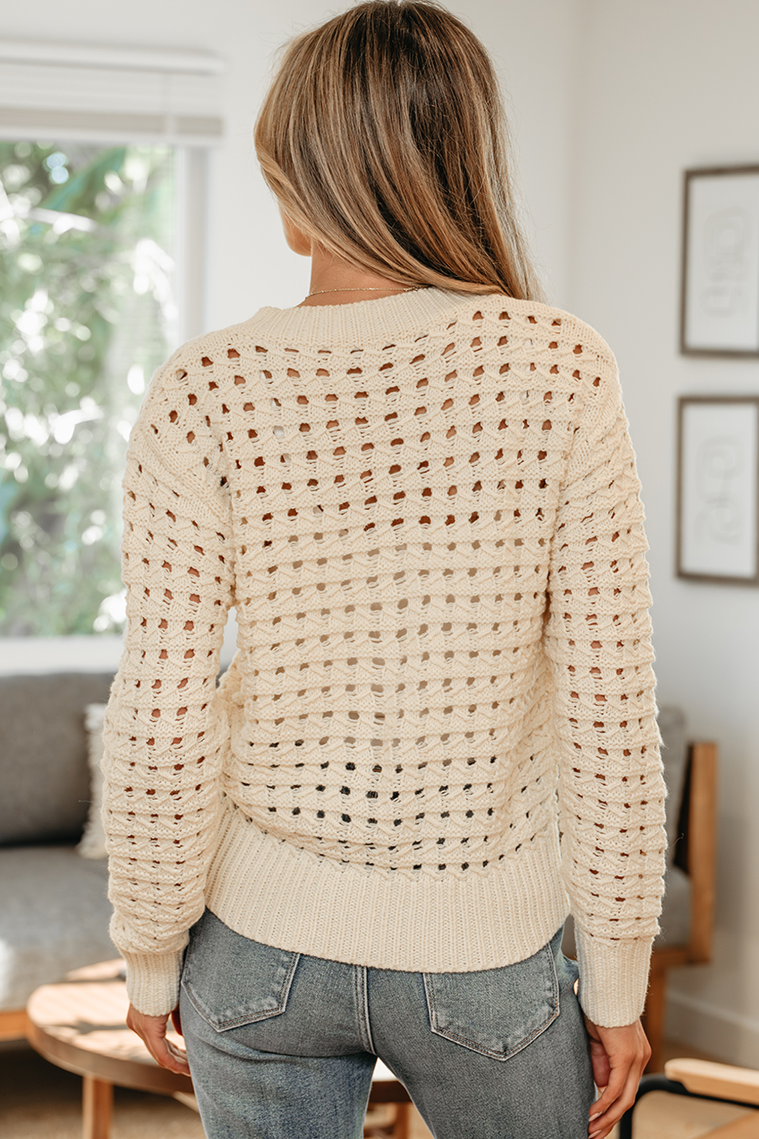 Beige Hollowed Pattern Knit Zip Up Drop Shoulder Sweater Cardigan view 2