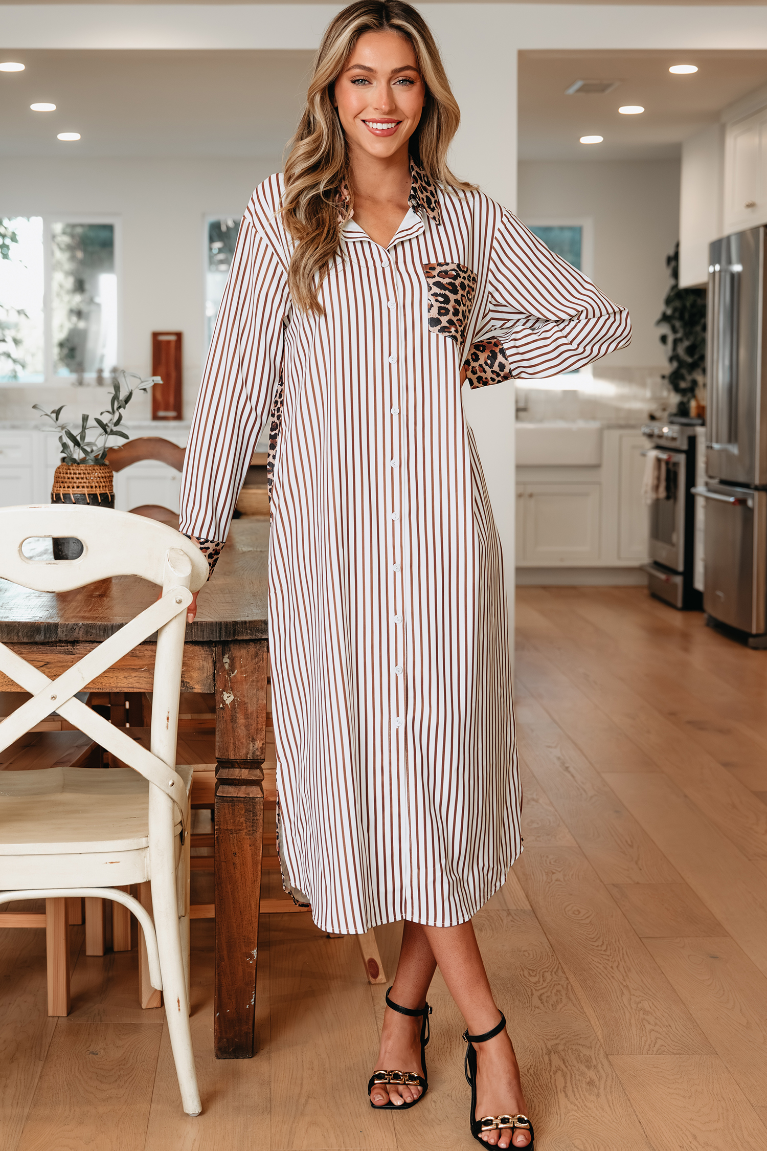 Brown Stripe Contrast Leopard Patchwork Long Shirt Dress with Slits view 4