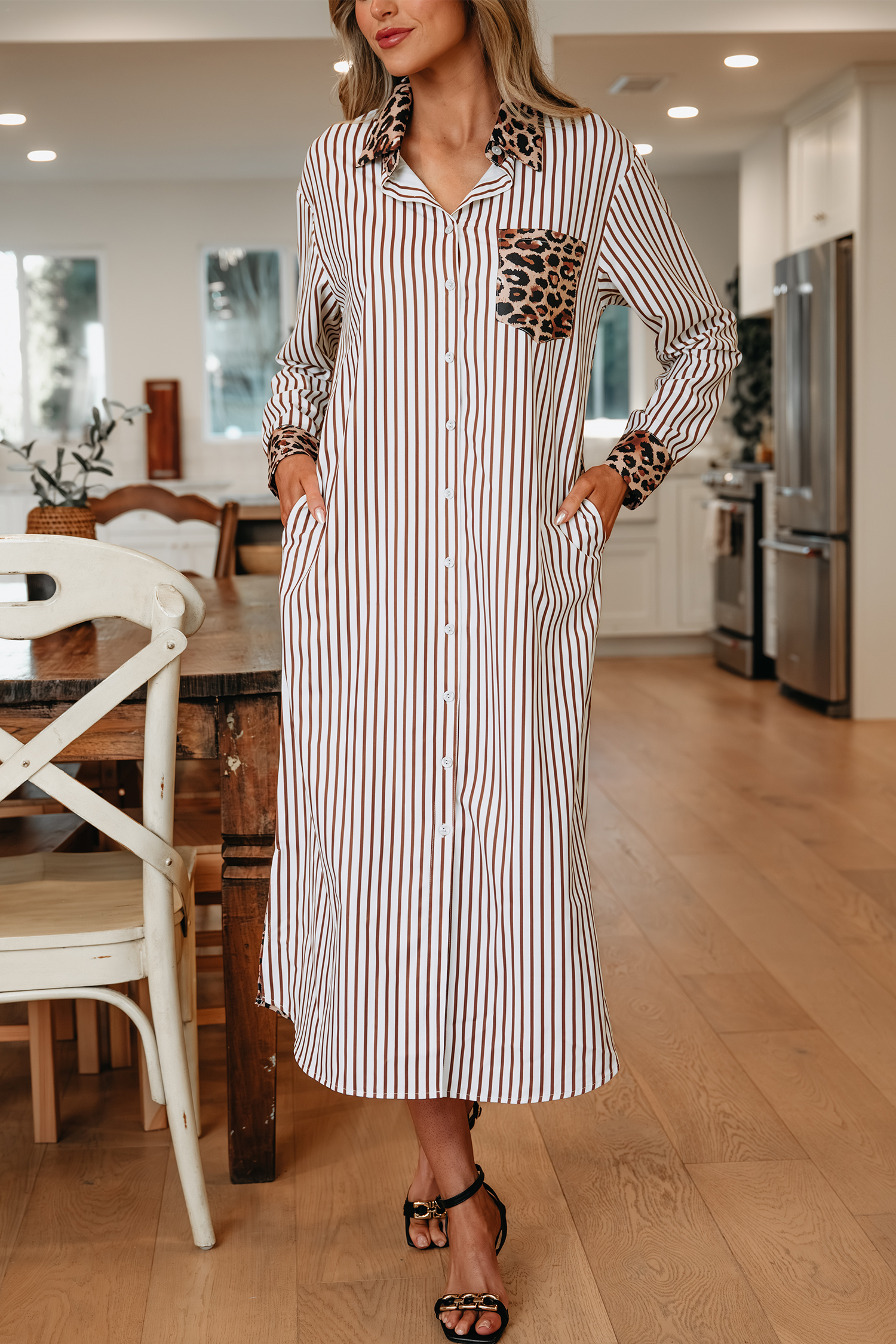 Brown Stripe Contrast Leopard Patchwork Long Shirt Dress with Slits view 5