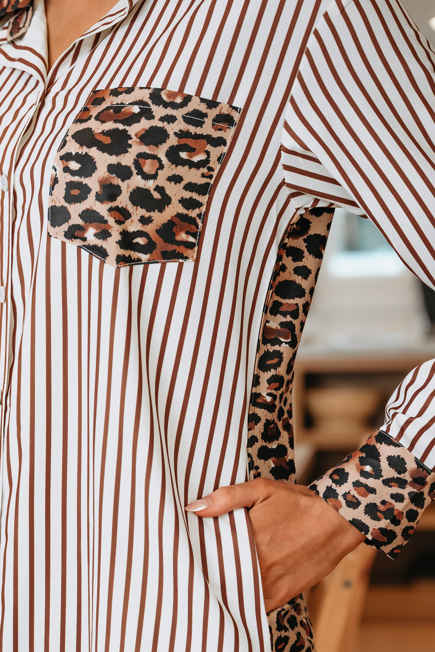Brown Stripe Contrast Leopard Patchwork Long Shirt Dress with Slits view 7