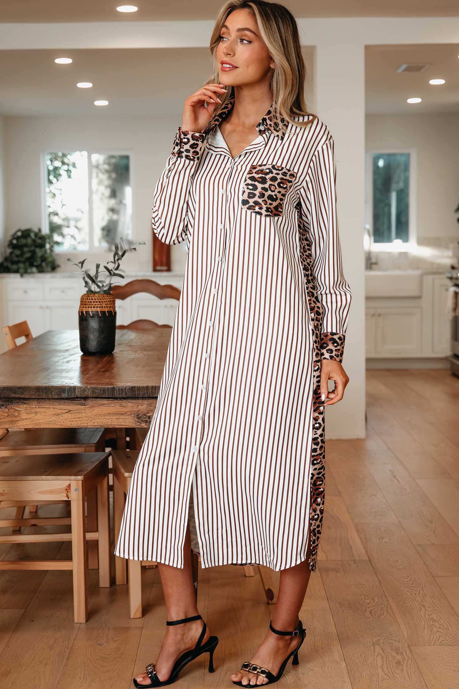 Brown Stripe Contrast Leopard Patchwork Long Shirt Dress with Slits view 3