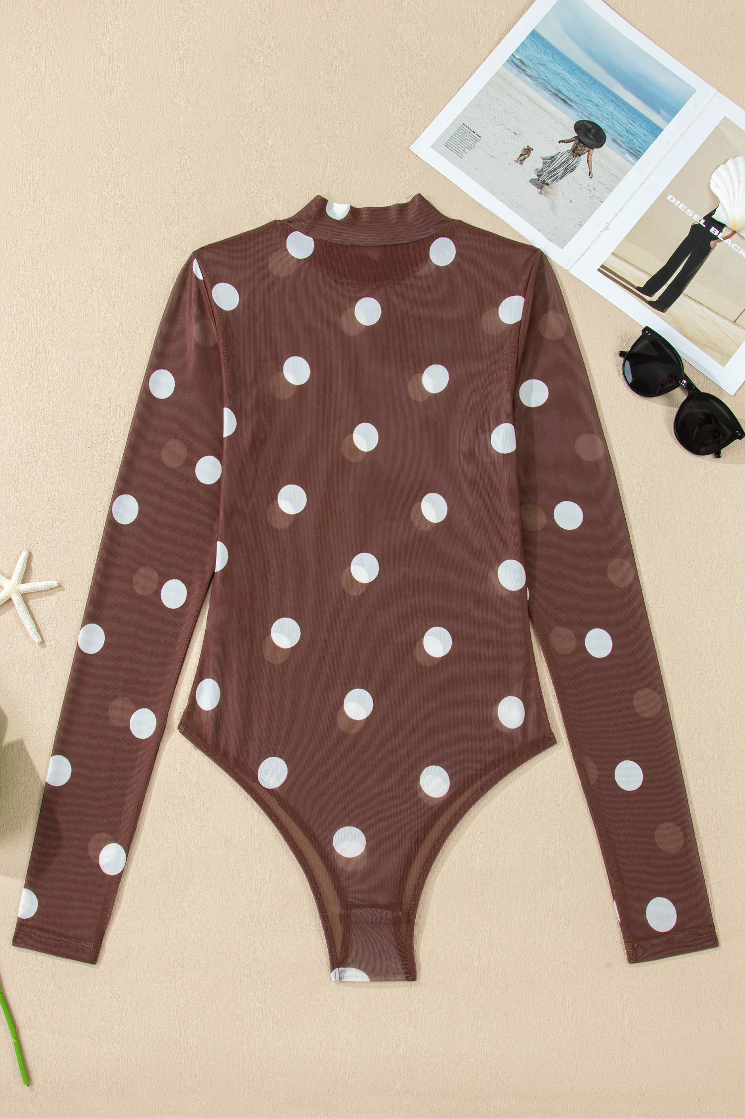 Brown Vintage Polka Dot Print Mesh Long Sleeve Bodysuit view 13