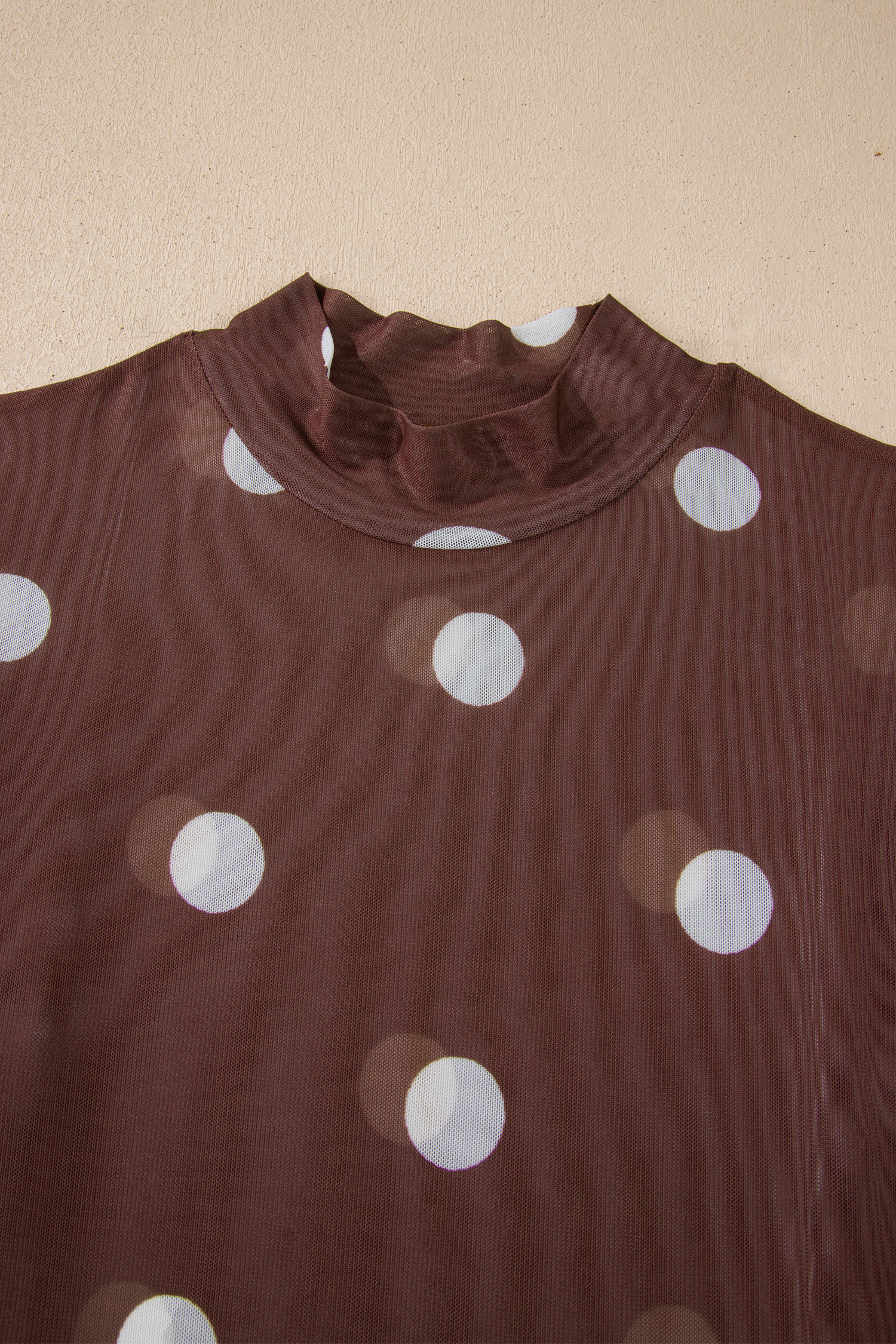 Brown Vintage Polka Dot Print Mesh Long Sleeve Bodysuit view 19