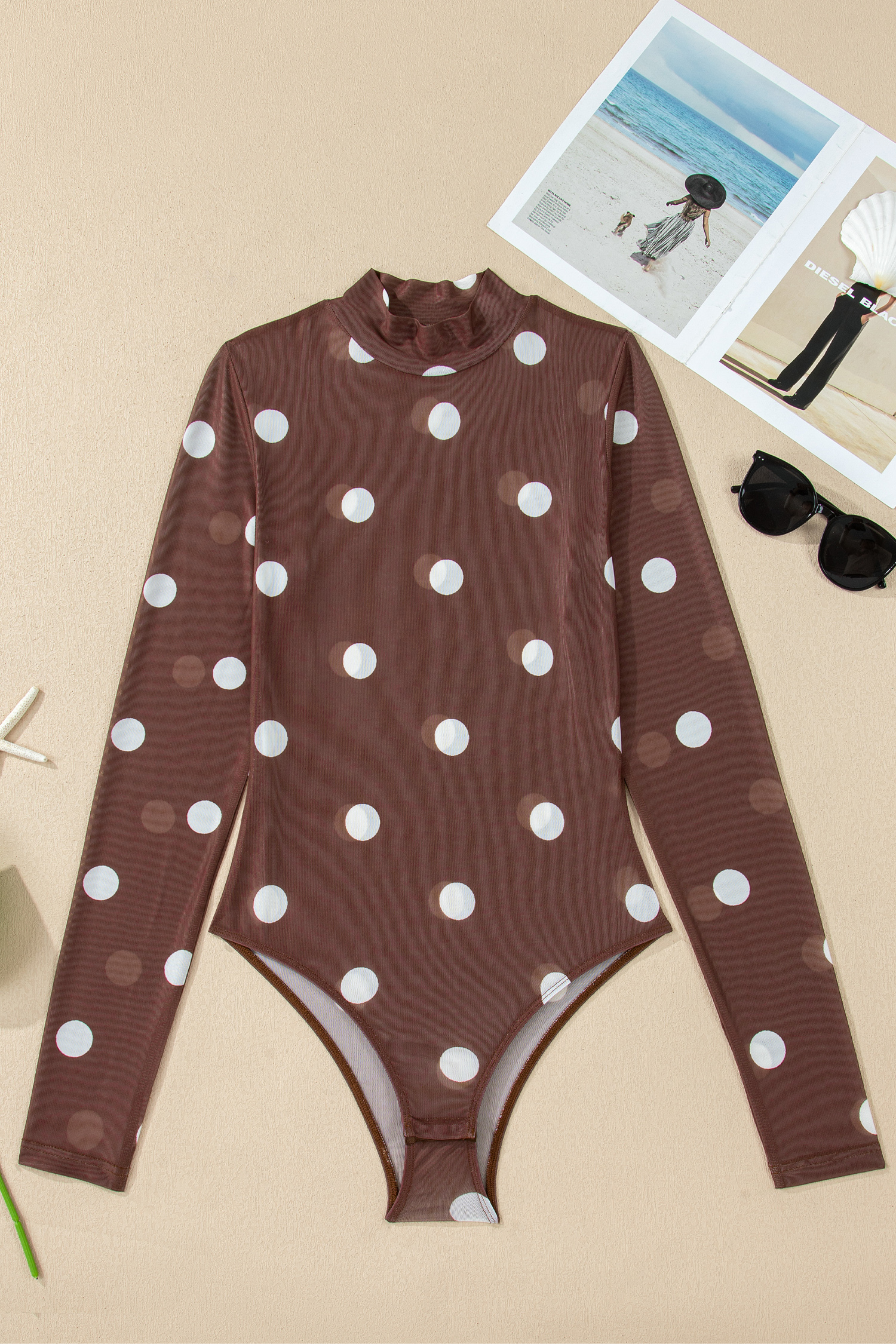 Brown Vintage Polka Dot Print Mesh Long Sleeve Bodysuit view 12