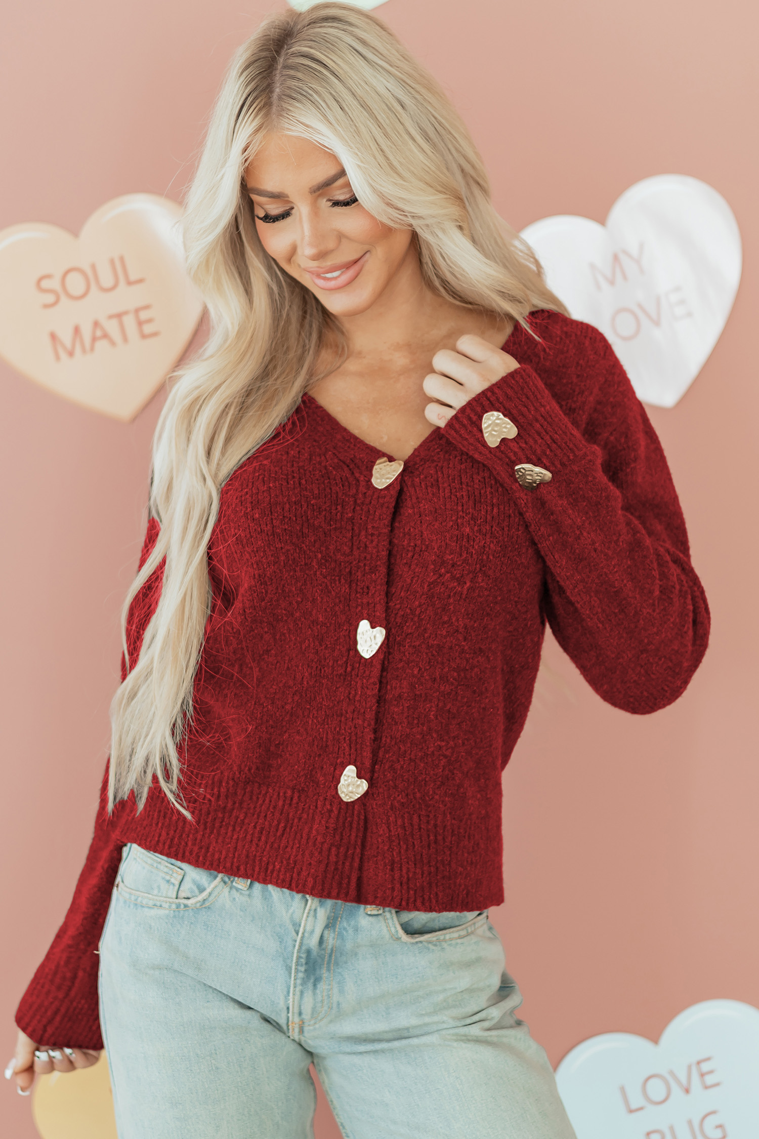 $ 19.04 - Fiery Red Heart Metal Button V Neck Cardigan Sweater - ds ...