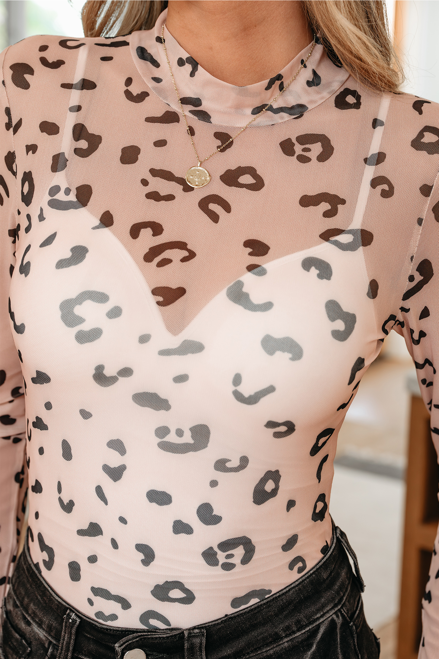 Khaki Mock Neck Sheer Mesh Leopard Long Sleeve Bodysuit view 8