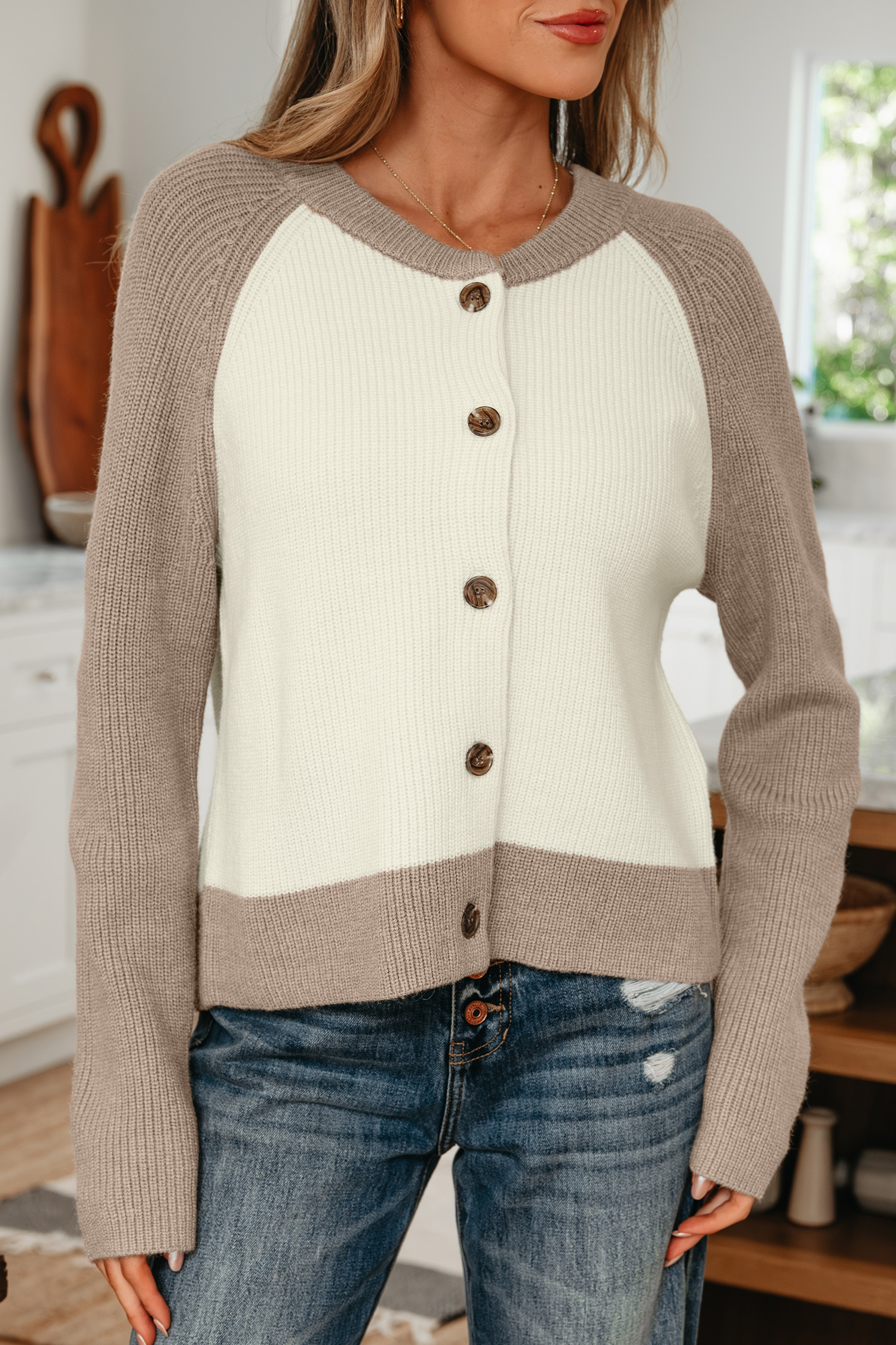 White Color Block Ribbed Knit Button Down Sweater Cardigan view 6