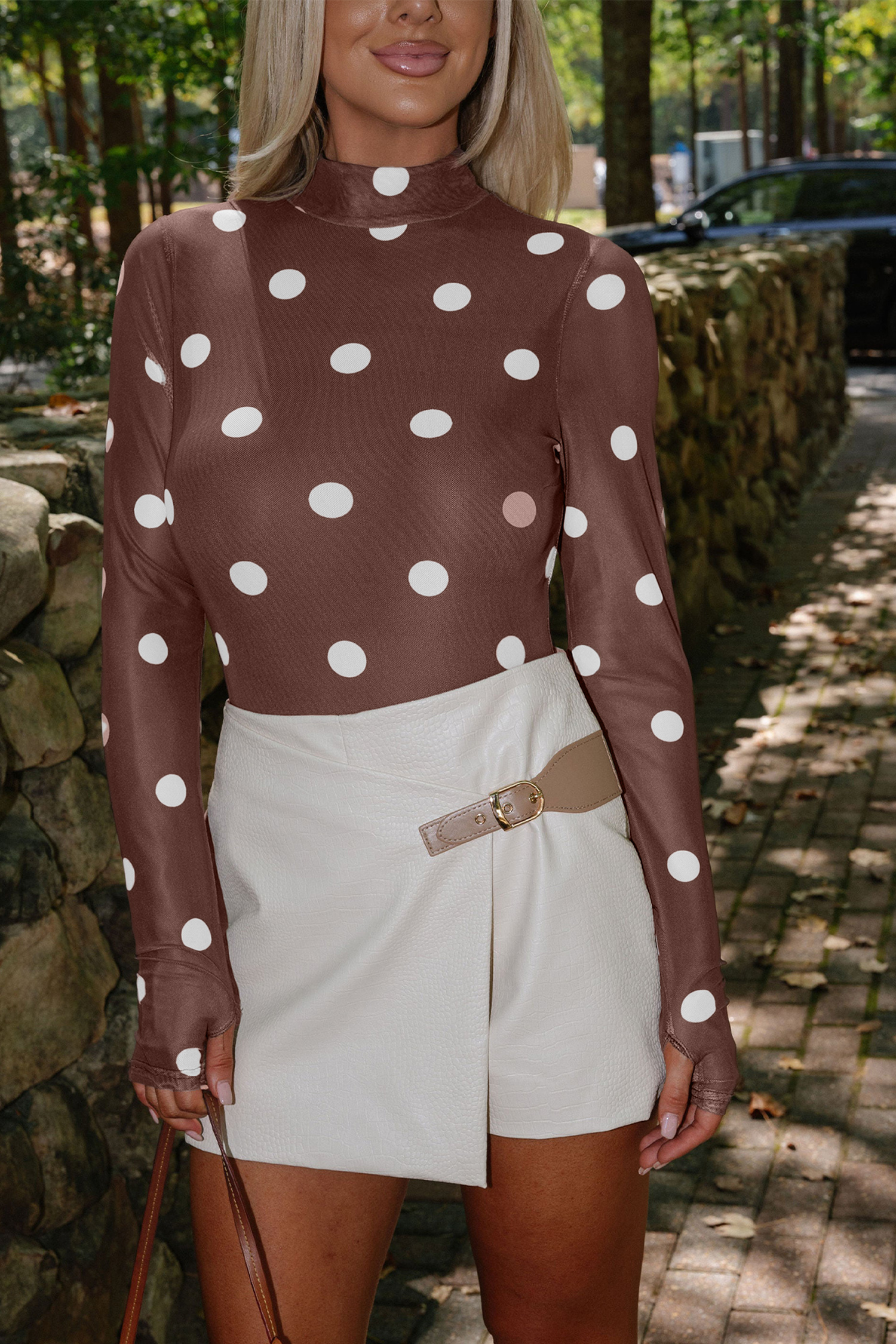 Brown Vintage Polka Dot Print Mesh Long Sleeve Bodysuit view 8