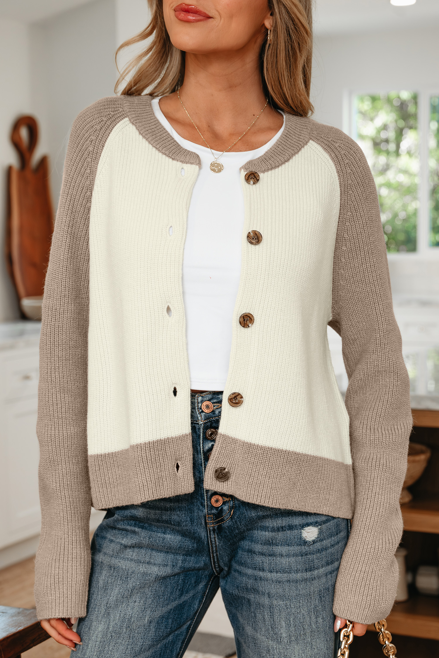 White Color Block Ribbed Knit Button Down Sweater Cardigan view 5