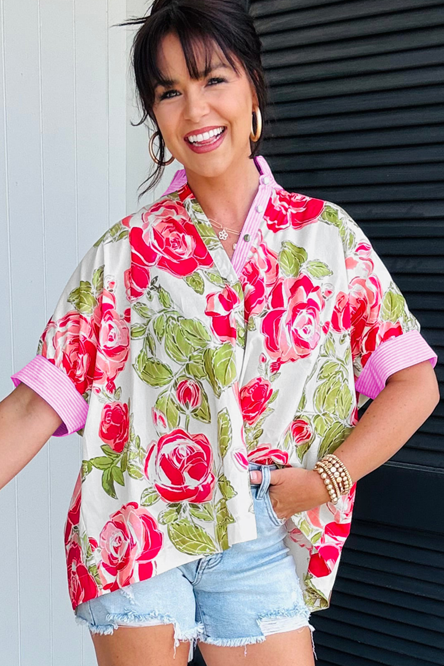 Pink Flower Print Striped Trim Frilled Collar Short Sleeve Shirt view 11