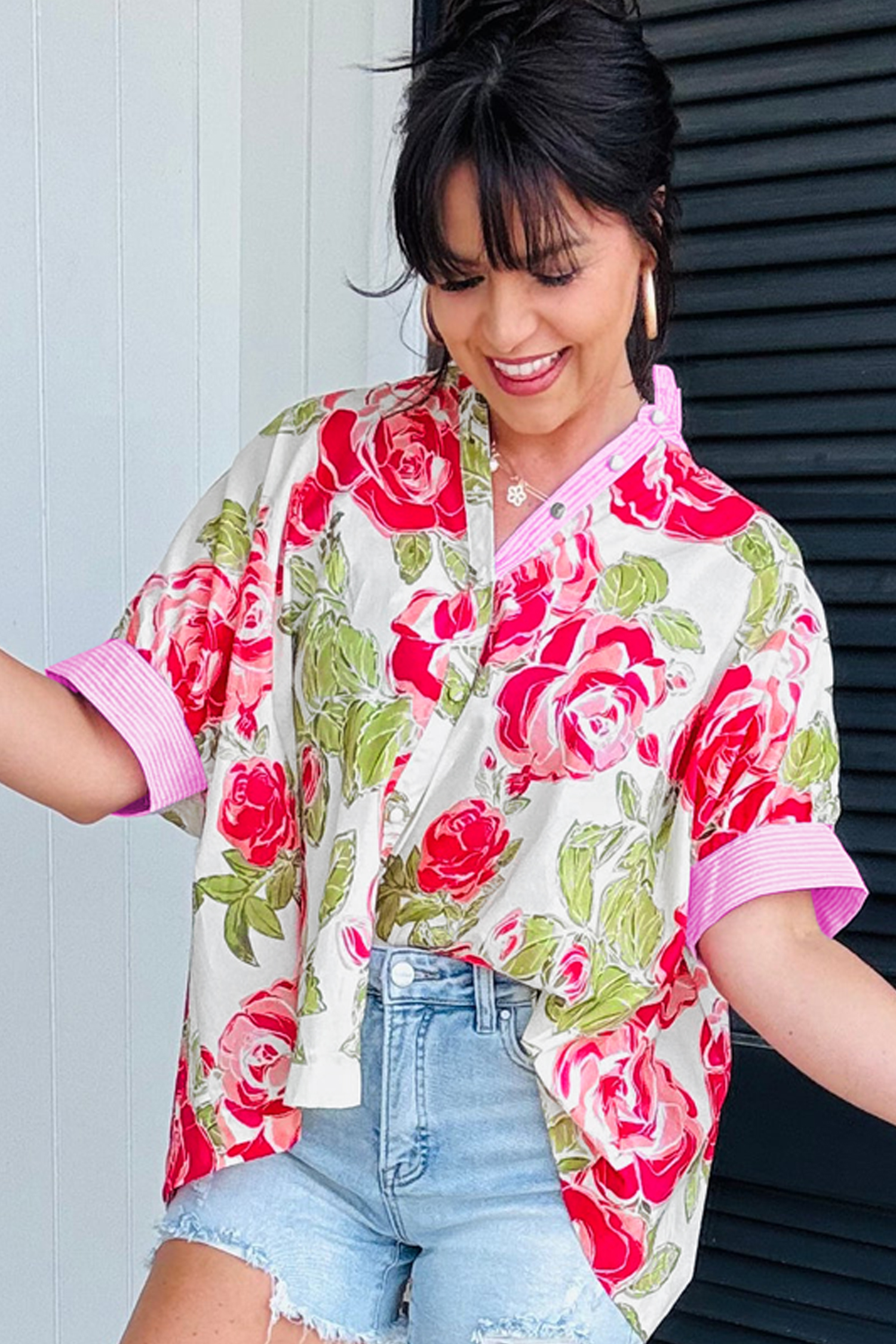 Pink Flower Print Striped Trim Frilled Collar Short Sleeve Shirt view 10