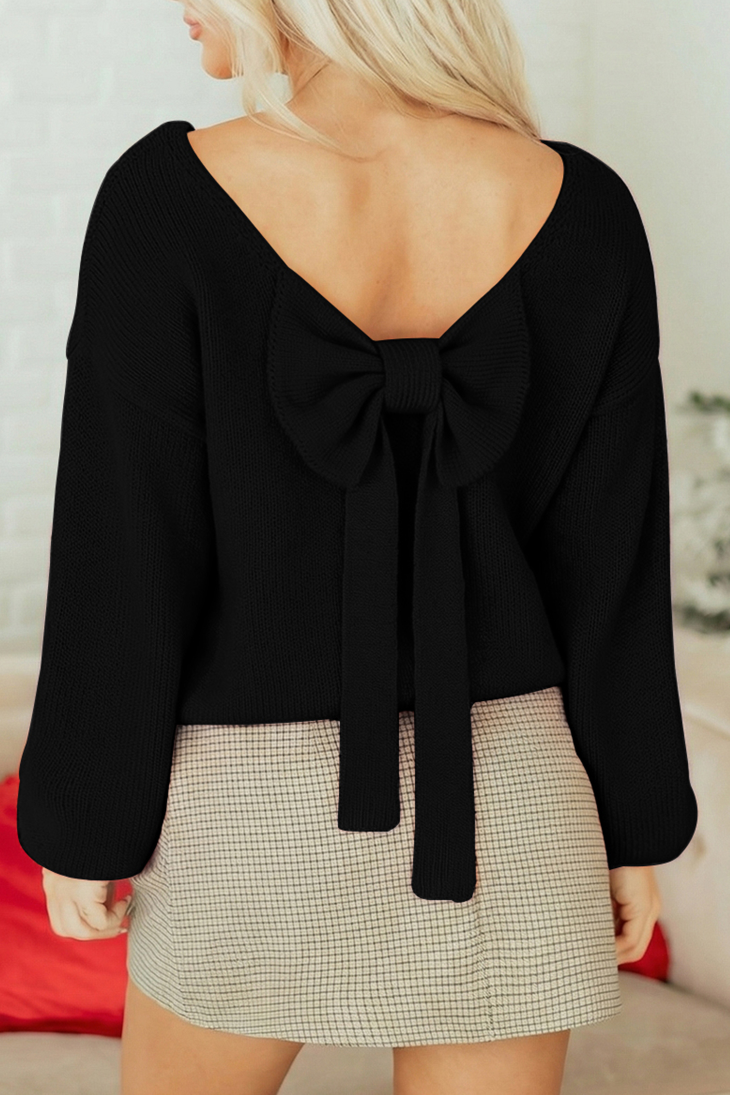 Black Bow Backless Bubble Sleeve Sweater view 5