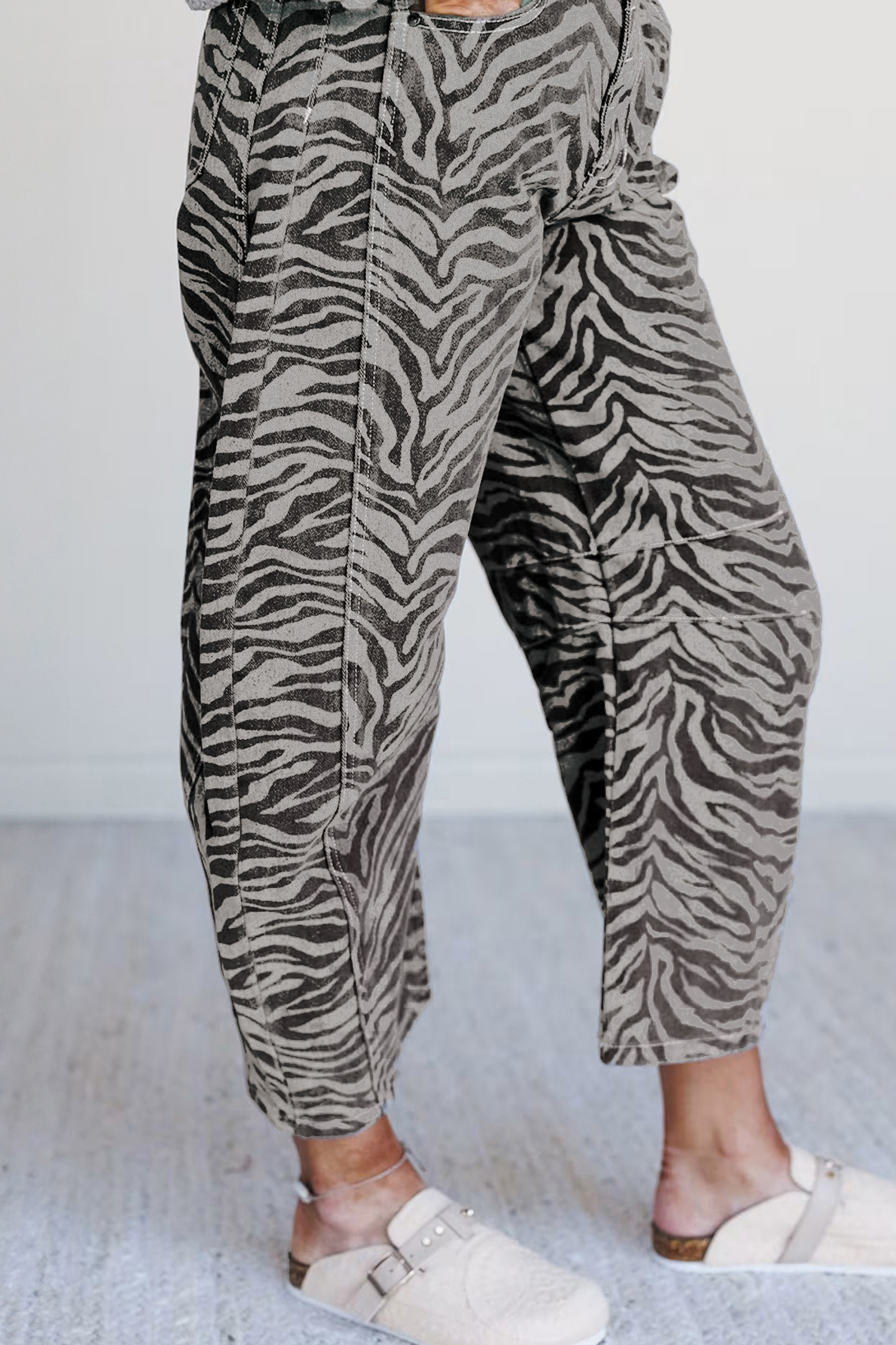 Gray Zebra Stripe Printed Wide Leg Barrel Jeans view 9