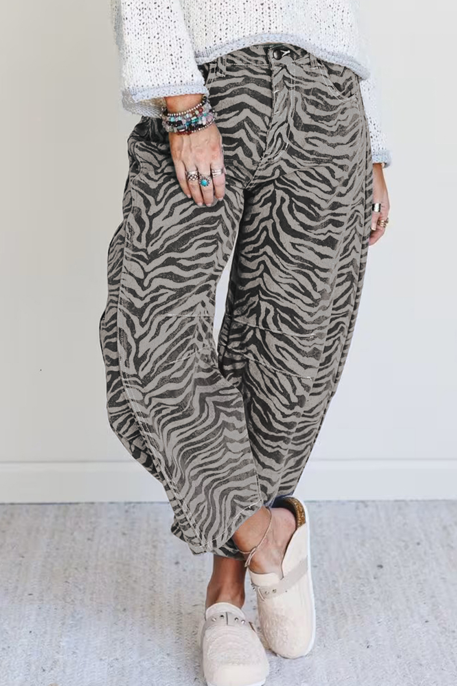 Gray Zebra Stripe Printed Wide Leg Barrel Jeans view 12