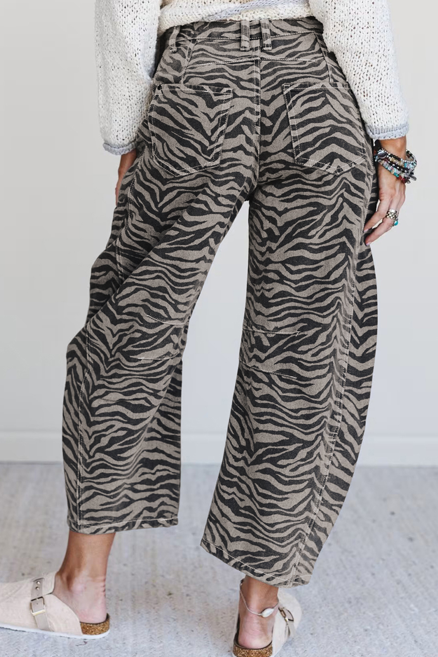 Gray Zebra Stripe Printed Wide Leg Barrel Jeans view 13