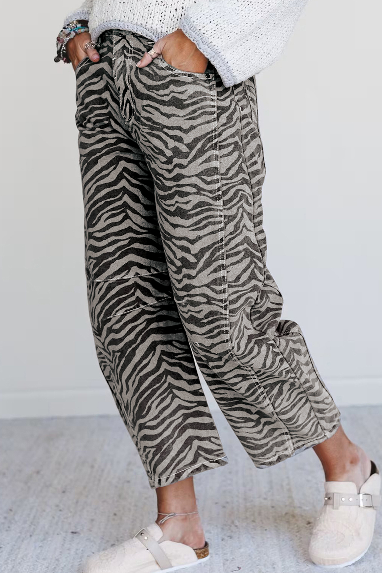 Gray Zebra Stripe Printed Wide Leg Barrel Jeans view 10