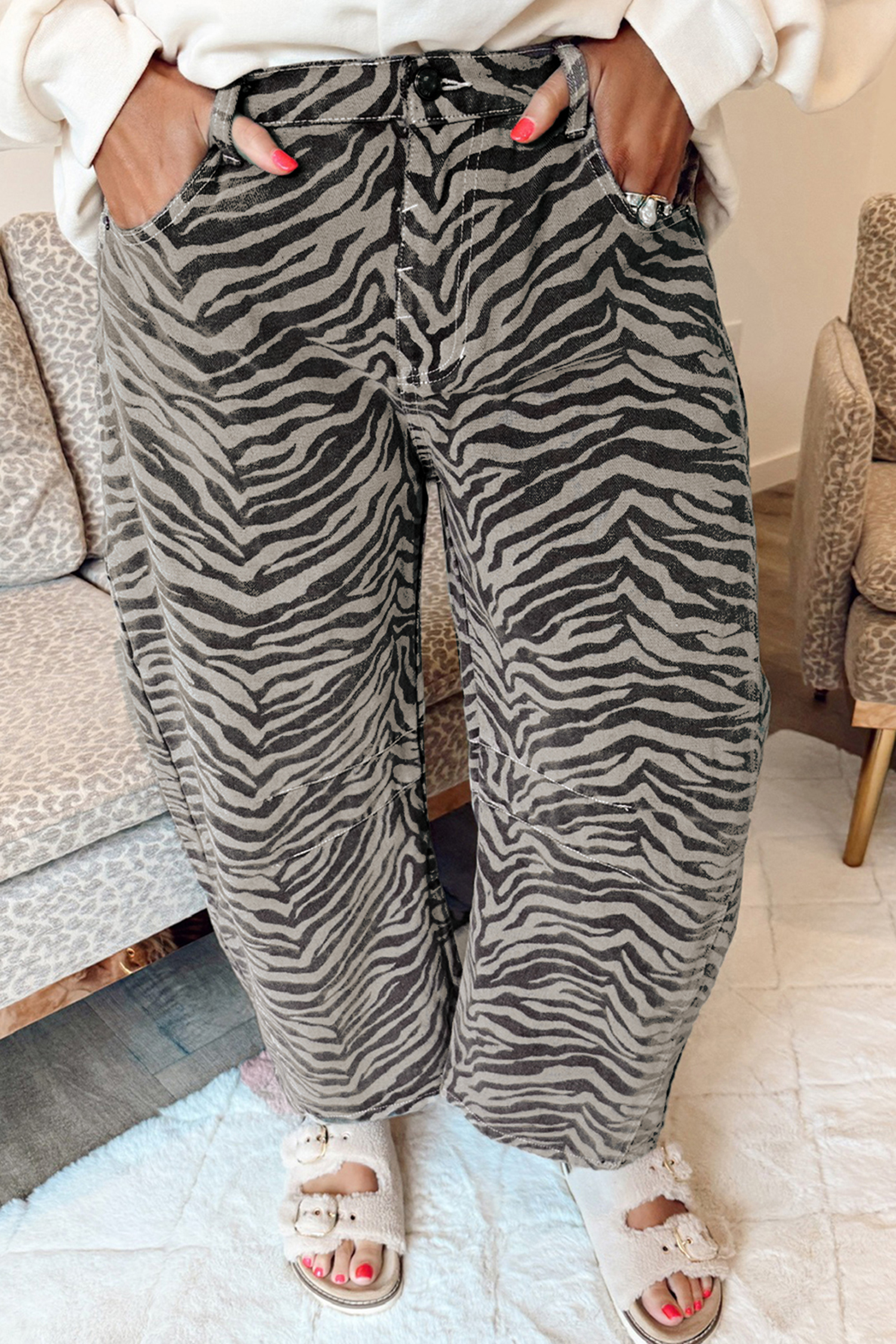 Gray Zebra Stripe Printed Wide Leg Barrel Jeans view 8