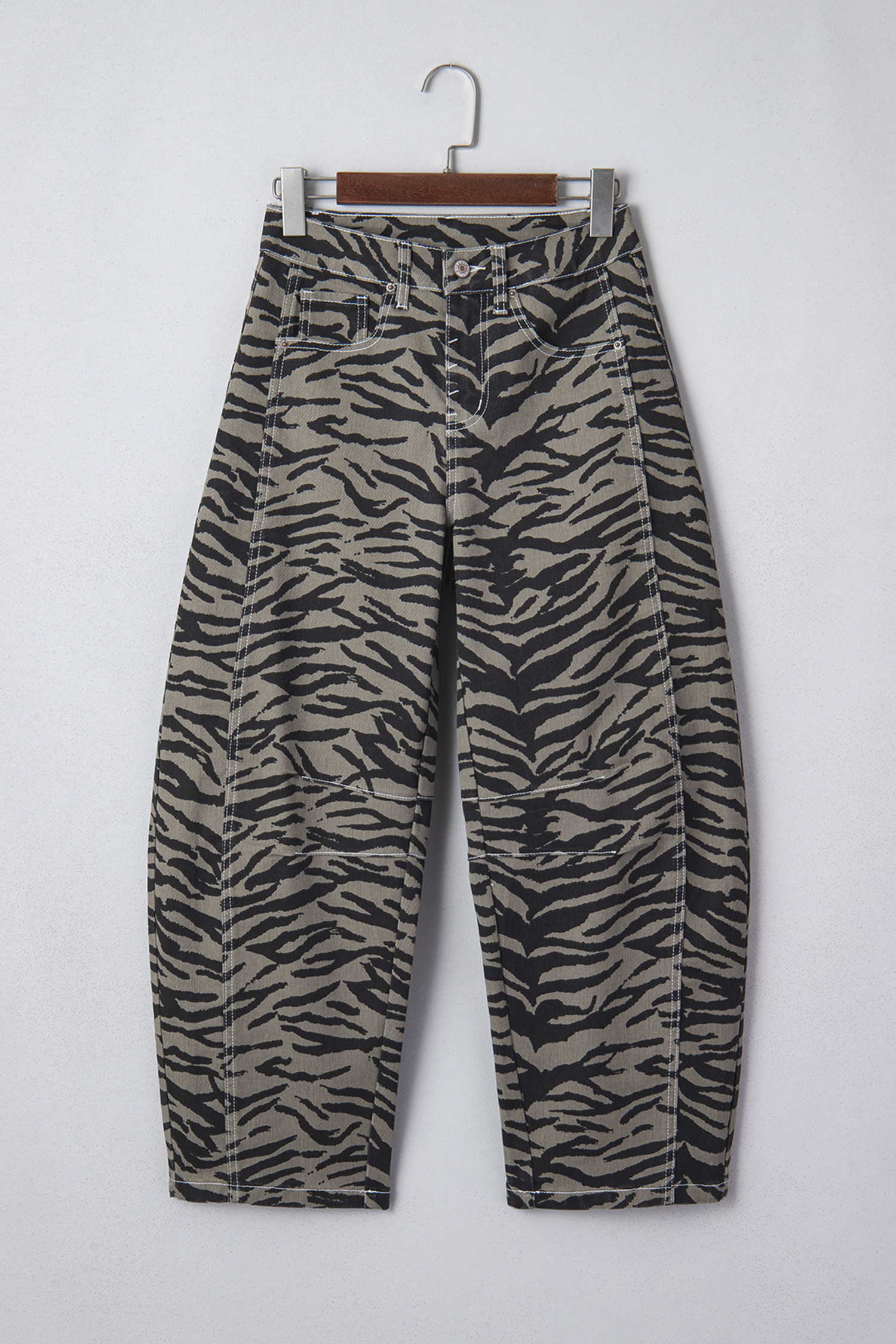 Gray Zebra Stripe Printed Wide Leg Barrel Jeans view 16